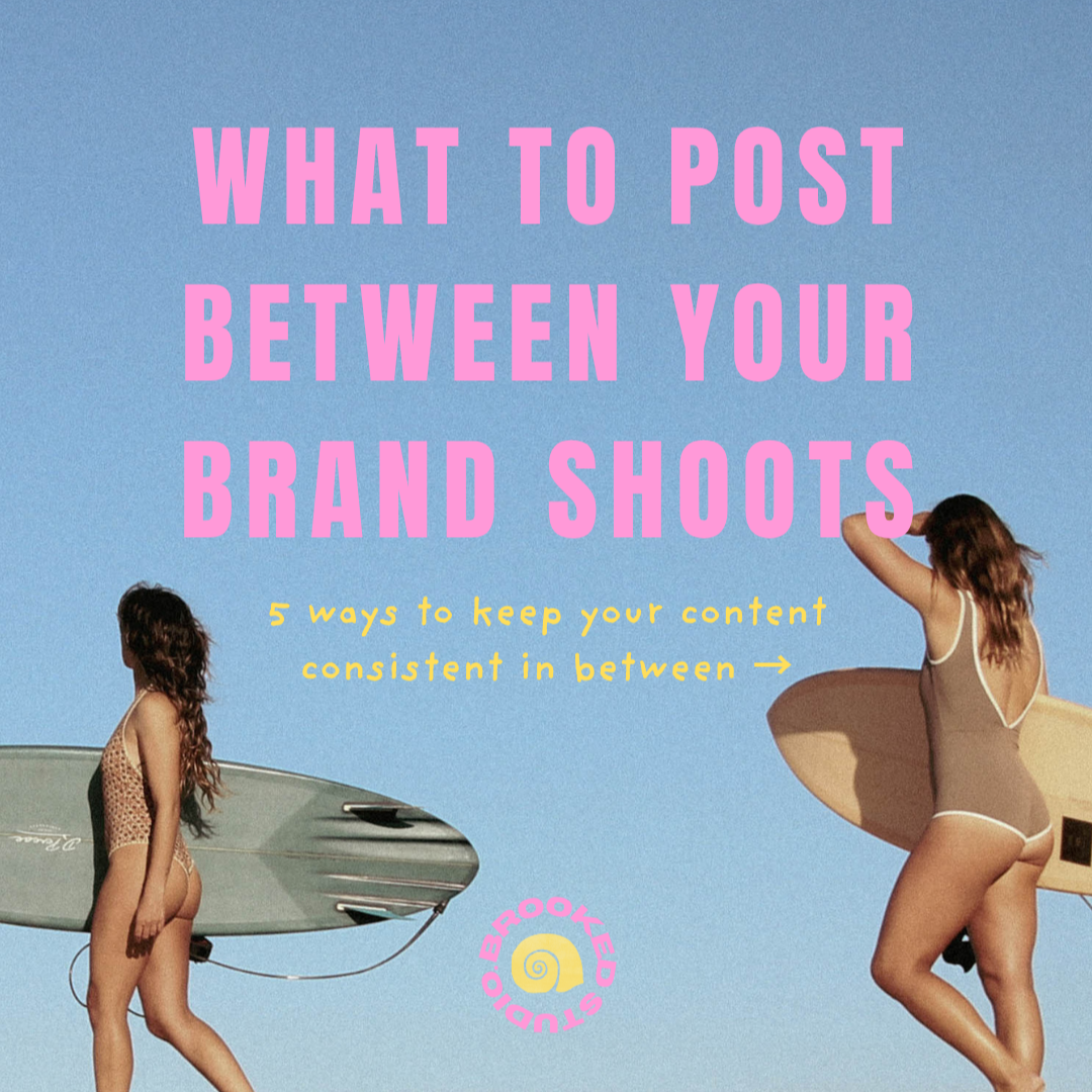Book cover titled 'What to Post Between Your Brand Shots' with subtitle '5 ways to keep your content consistent in between', featuring two women with curly hair, one holding a surfboard and the other a surfboard, on a clear sunny day.