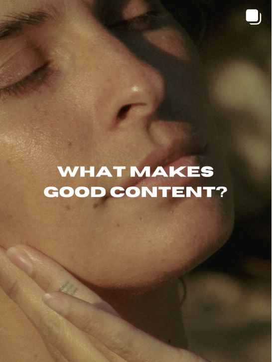 Close-up of a person with closed eyes, resting their face on their hand, with text overlay reading 'What makes good content?'