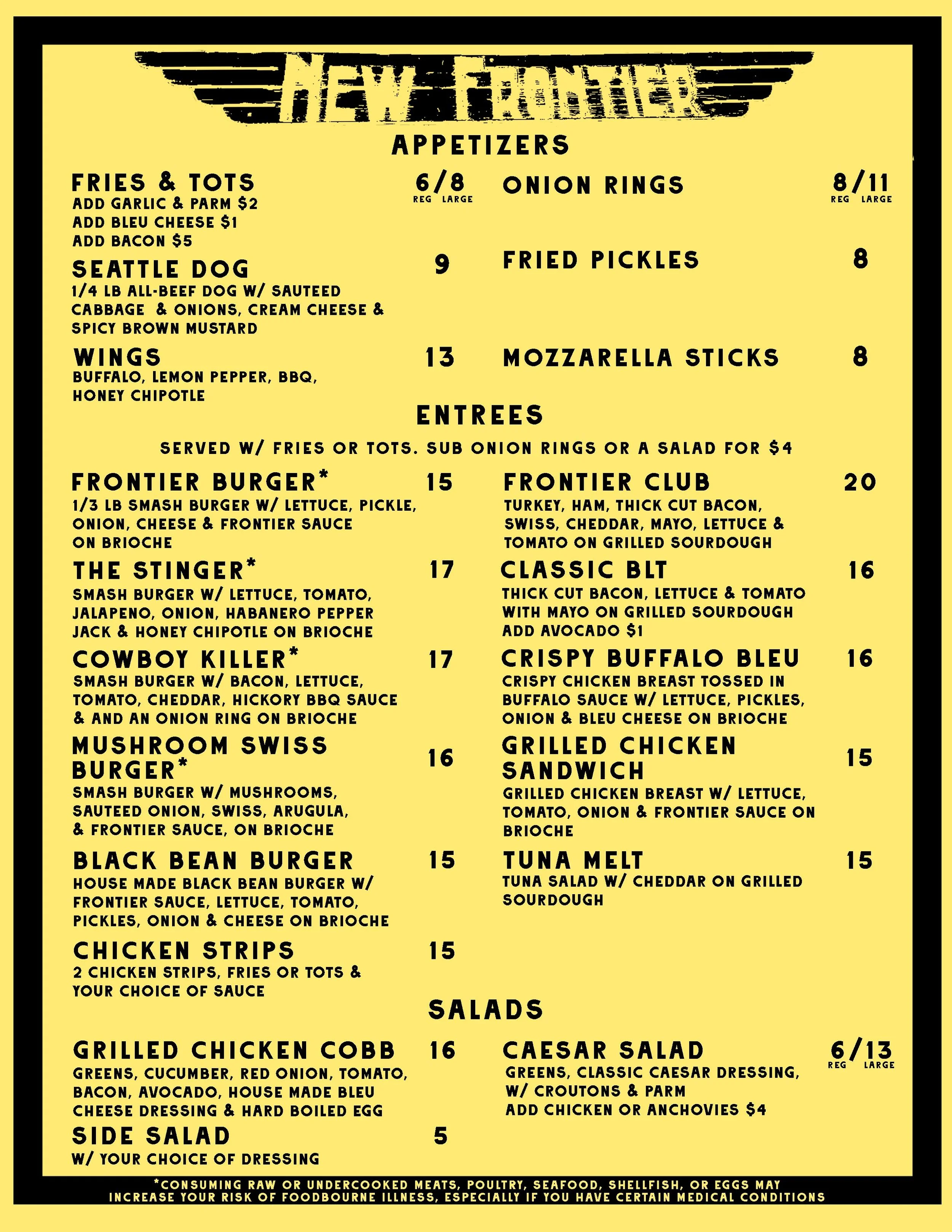Menu of a restaurant featuring appetizers, salads, and sides with prices and descriptions, including items like fries, Seattle dog, wings, mozzarella sticks, and various burgers.