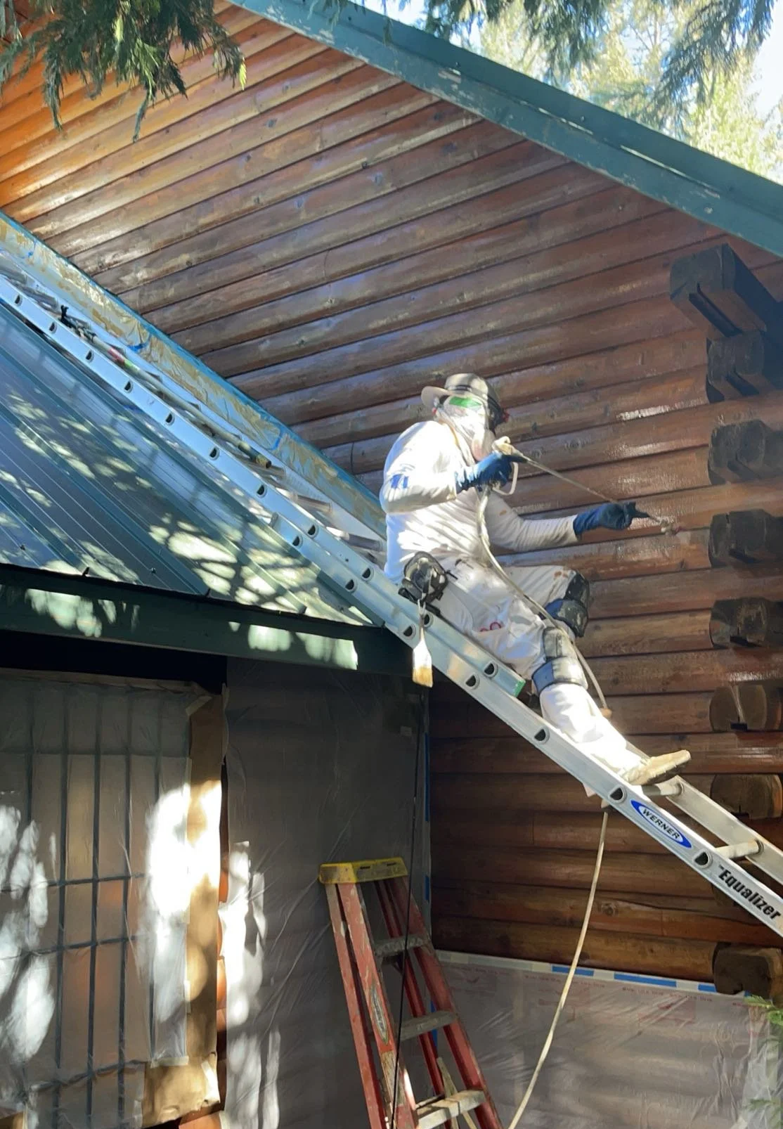 Professional contractor restaining exterior cabin wood siding.