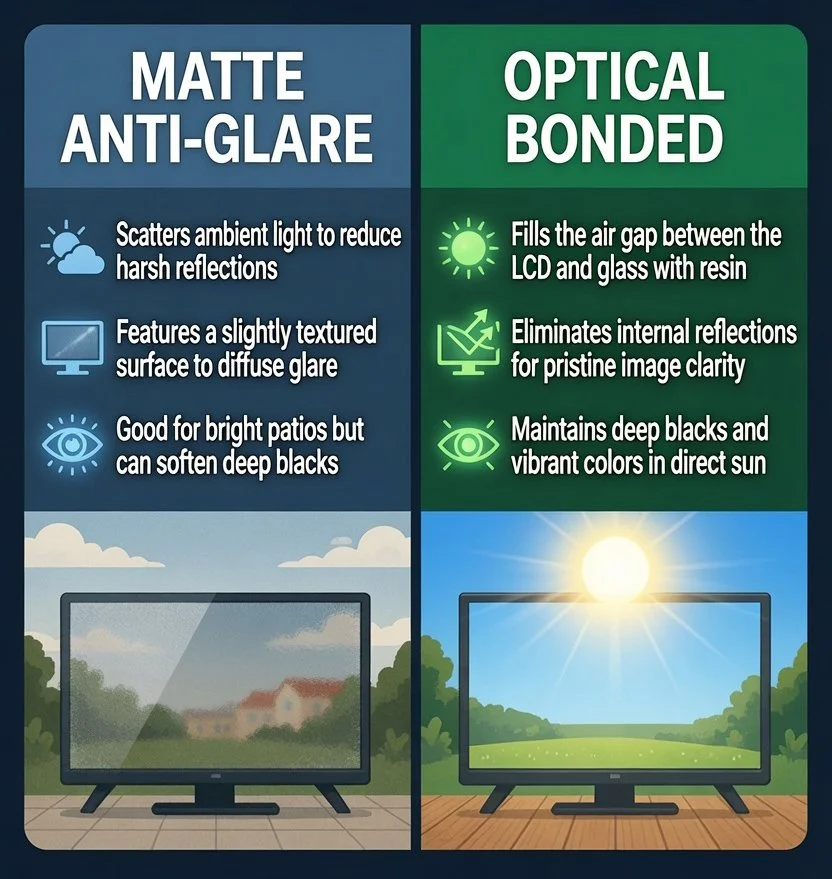 Comparison of matte anti-glare and optical bonded screens, showing matte screen reducing reflection and diffusing glare in a cloudy outdoor setting, and optical bonded screen providing clearer, vibrant image with deep blacks in bright sunlight.