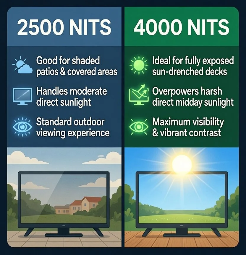 Comparison of TV screen brightness settings showing 2500 NITS and 4000 NITS. The 2500 NITS display is suitable for shaded areas and handles moderate sunlight, while the 4000 NITS display is ideal for fully exposed outdoor decks with maximum visibility.