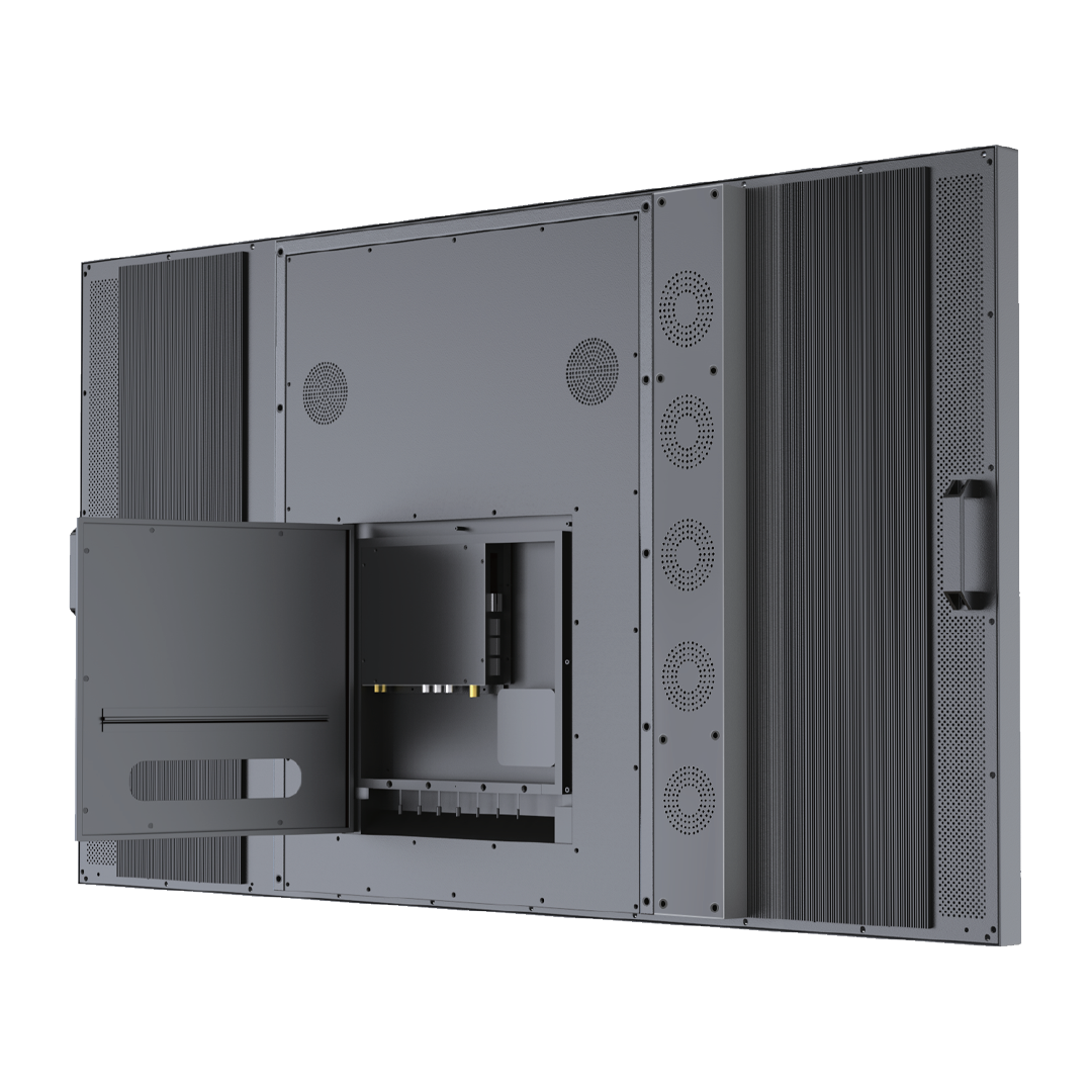 Large electronic display or server panel with open compartment showing internal components, surrounded by ventilation holes.