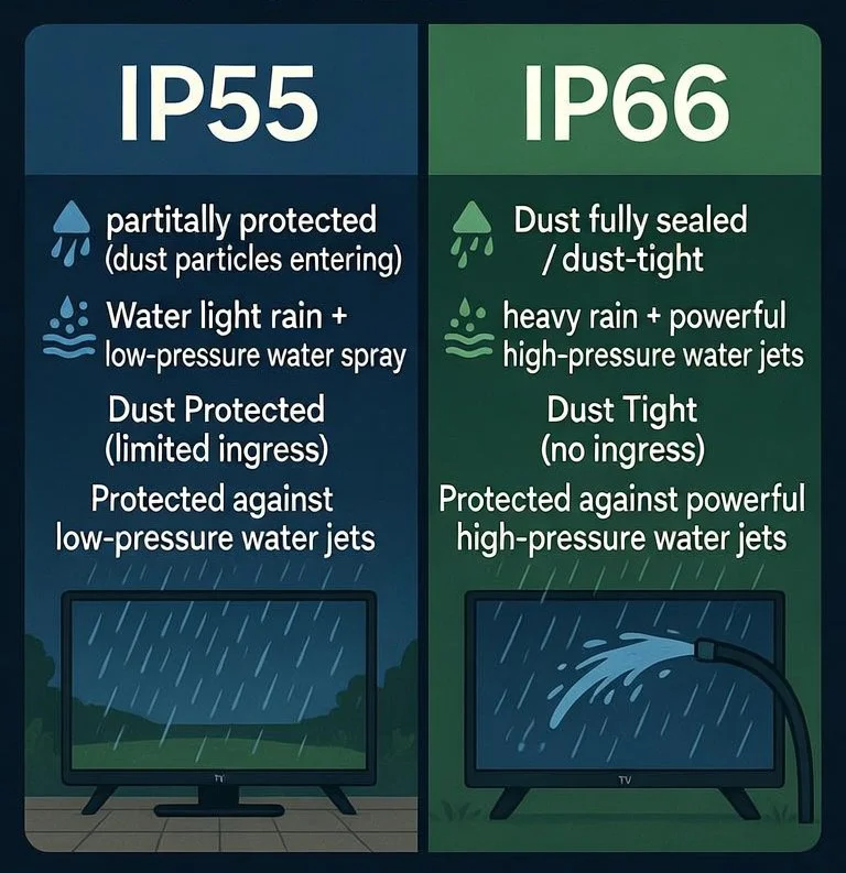 Comparison infographic of IP55 and IP66 waterproof ratings, showing differences in protection from dust and water jets.