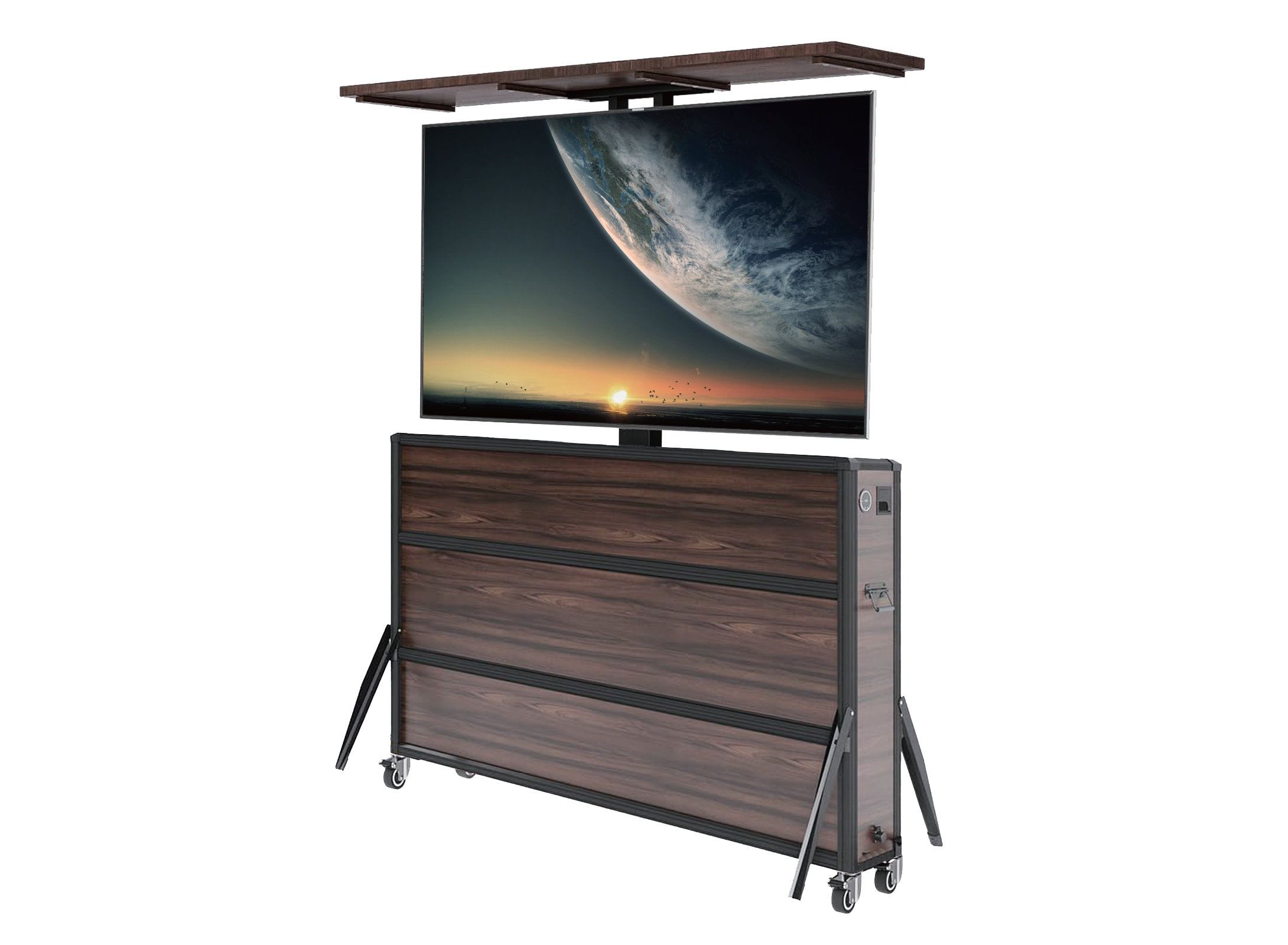A large flat-screen television on a rolling stand with a wood finish, displaying an image of Earth from space during sunset.