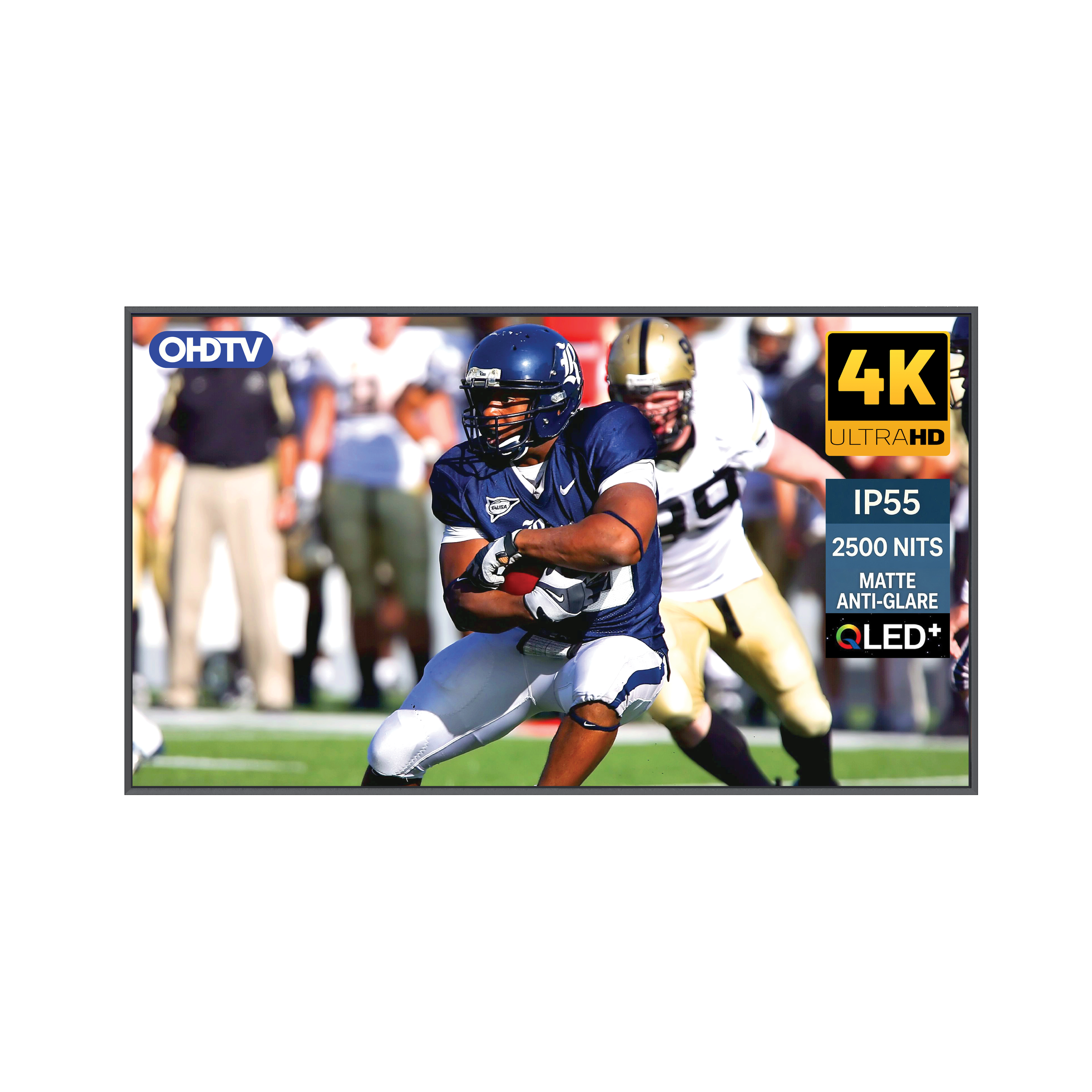 Screenshot of a television displaying an American football game. The screen shows a player in a blue uniform running with the ball, with other players and spectators in the background. The TV overlay has labels including 'OHDTV', '4K ULTRA HD', and technical specifications like 'IP55', '2500 NITS', 'MATTE', and 'ANTI-GLARE'.