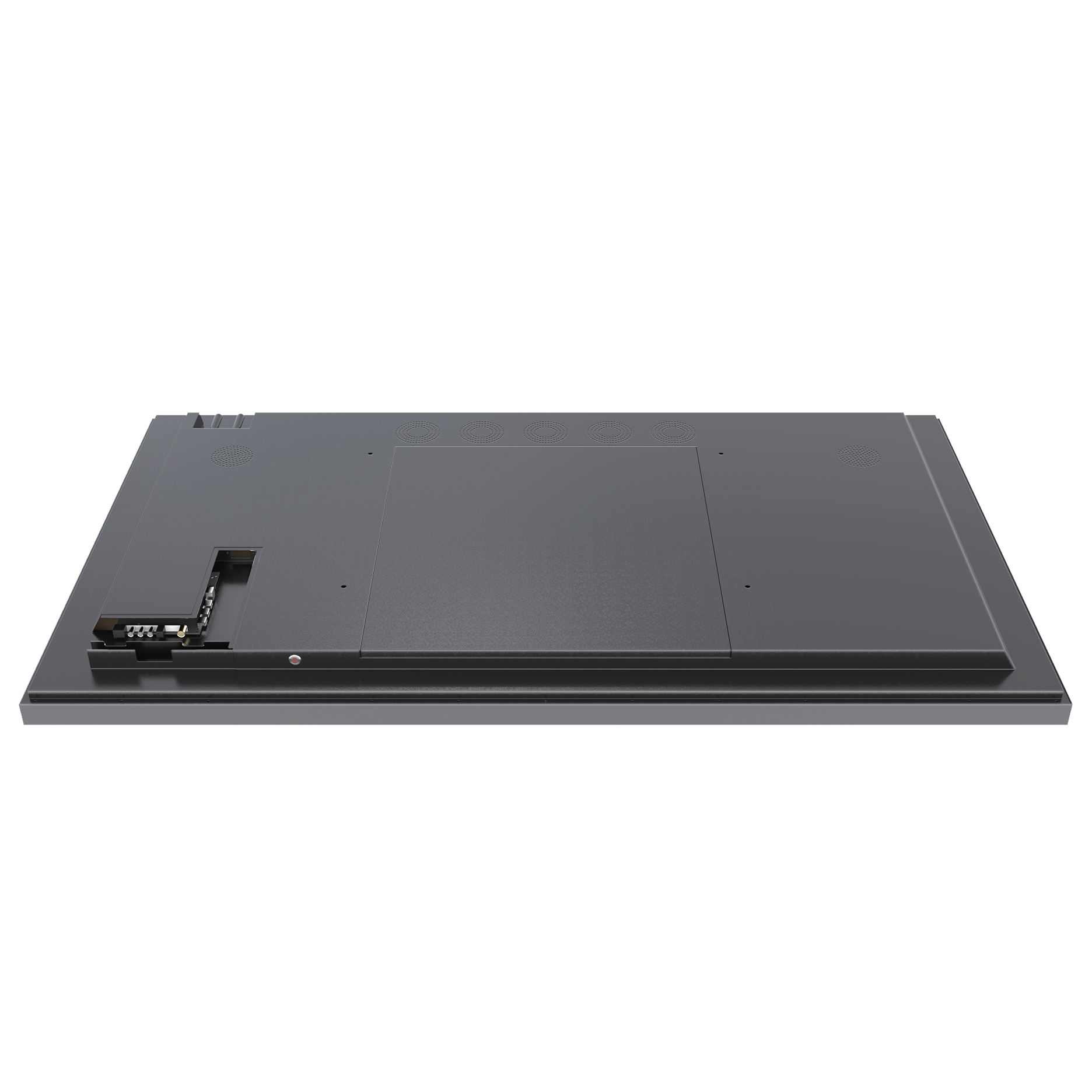 Back of a flat electronic device, possibly a laptop or tablet, showing ventilation holes and a port on a gray surface.