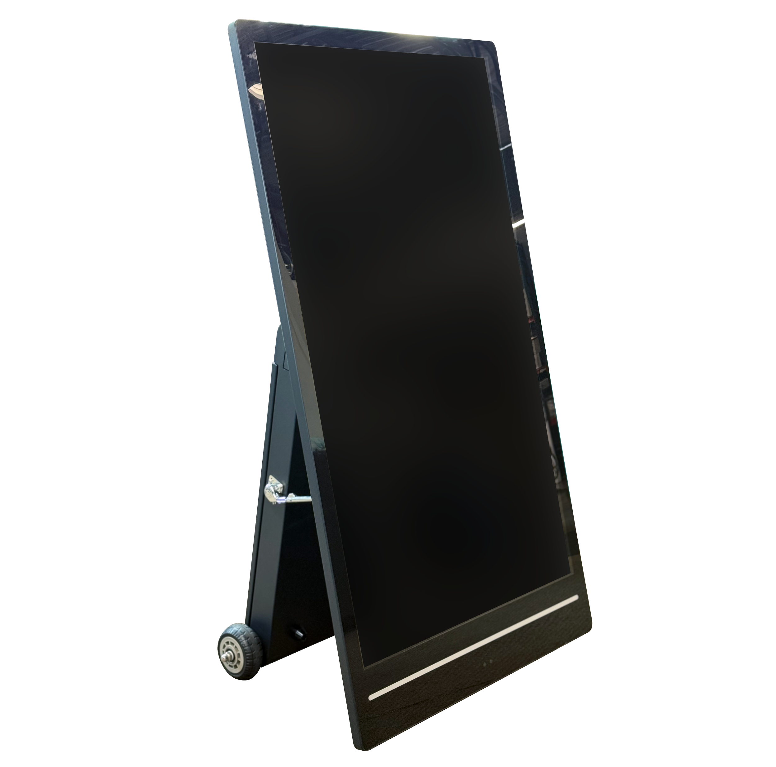 A black portable digital signboard on a wheeled stand, positioned at an angle, with a reflective screen and a foldable stand.