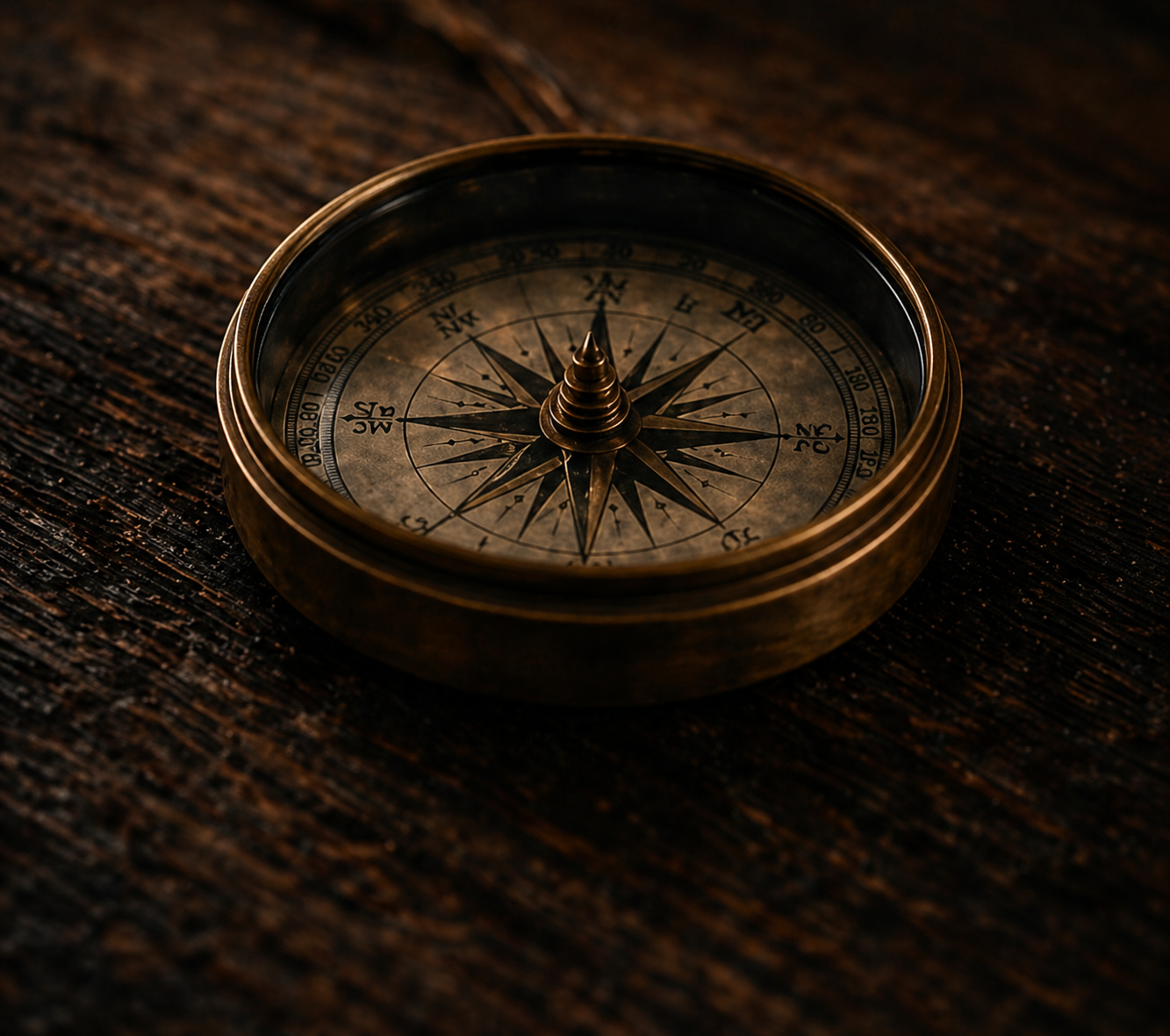 A vintage brass compass with a glass face, resting on a dark wooden surface.