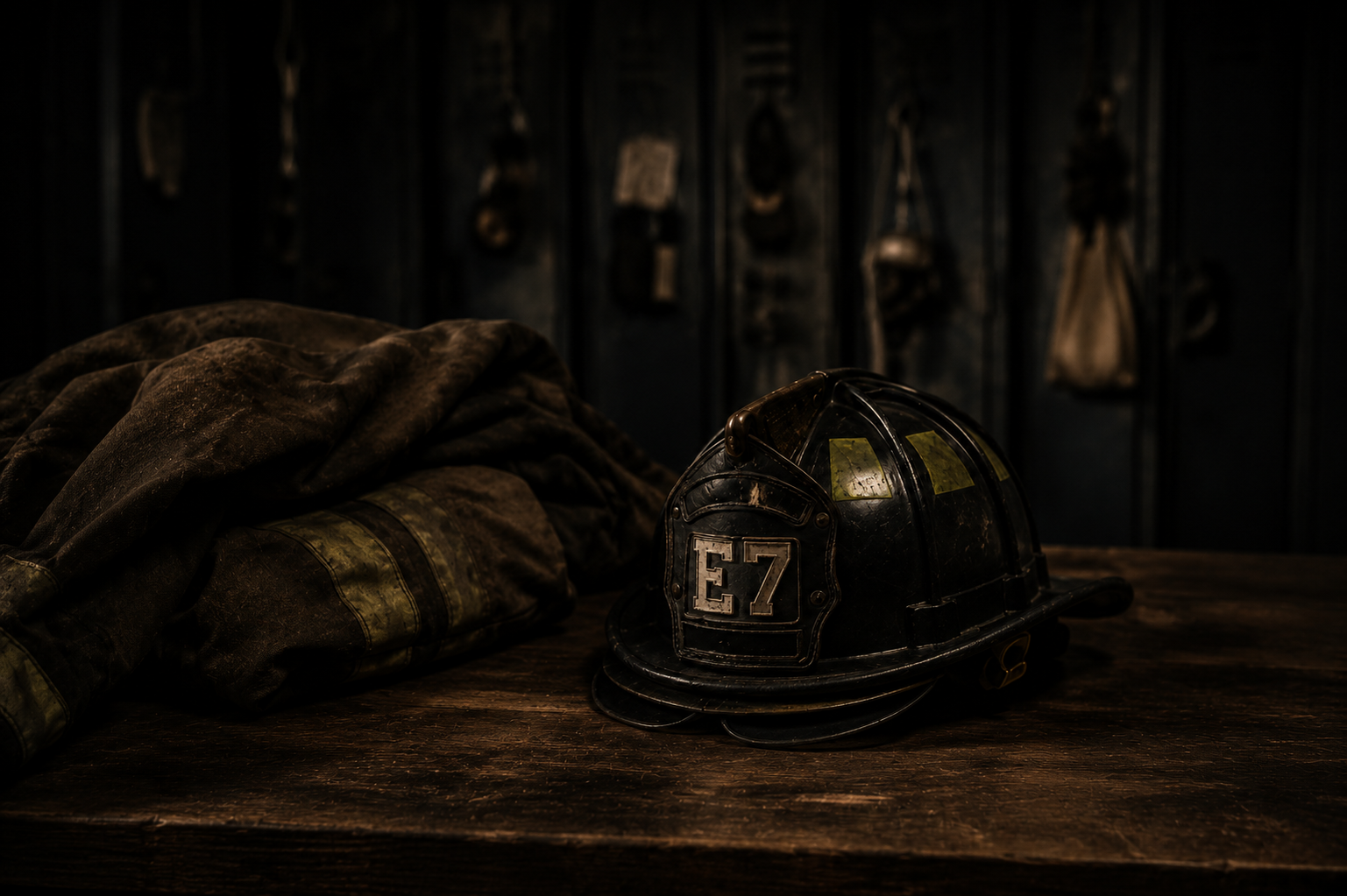 A firefighter's helmet and coat on a wooden table in a dark room.