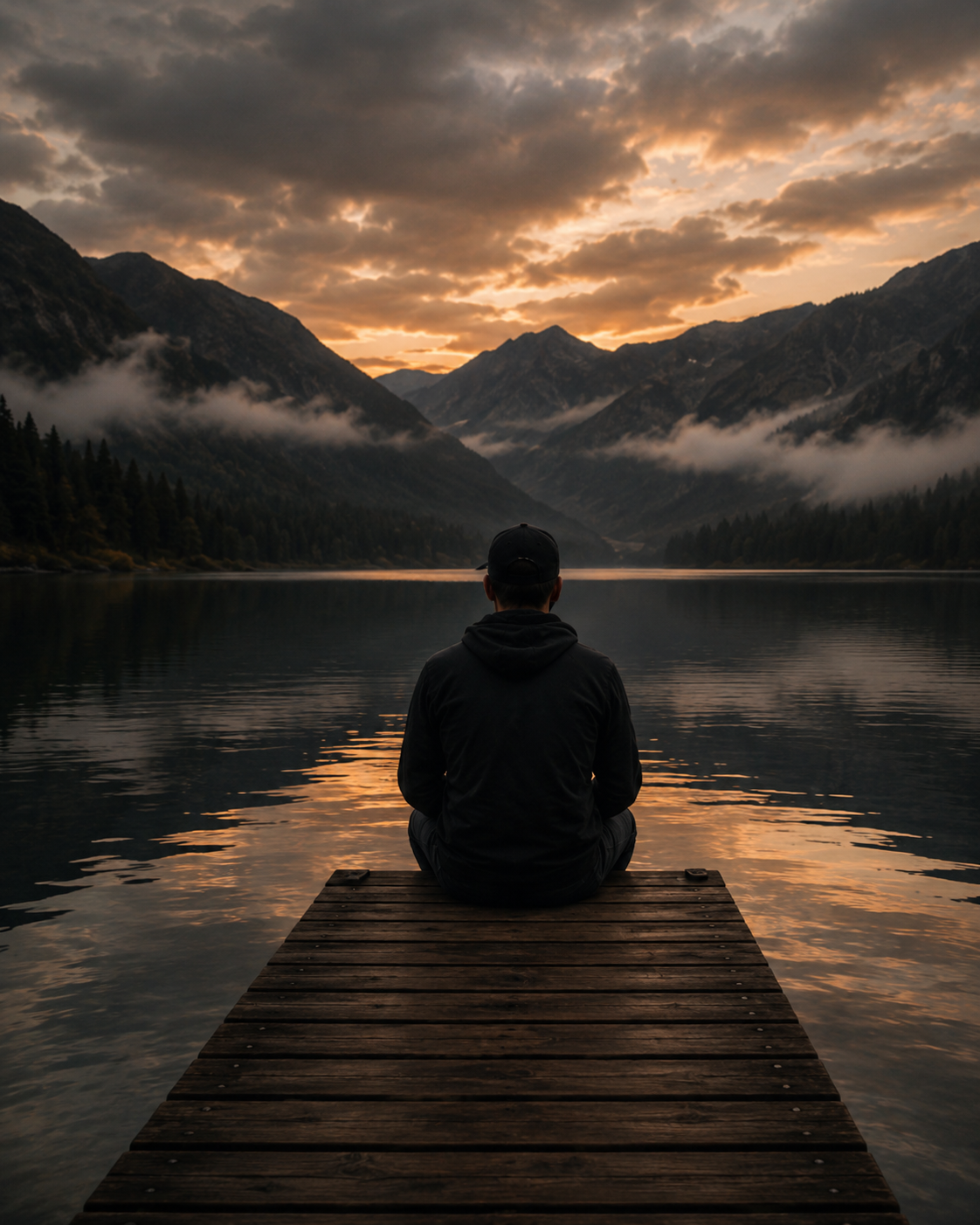 A person sitting on a wooden dock by a calm lake during sunset, with mountains and clouds in the background.