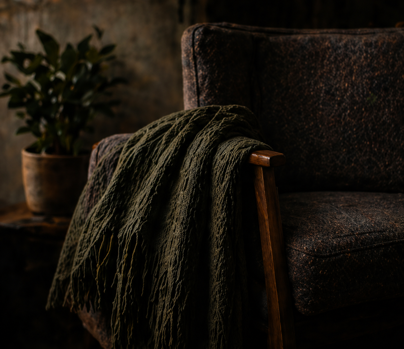 A dark, textured armchair with a wooden armrest, draped with a green knitted blanket, next to a potted plant in a brown pot, in a cozy, dimly lit room.