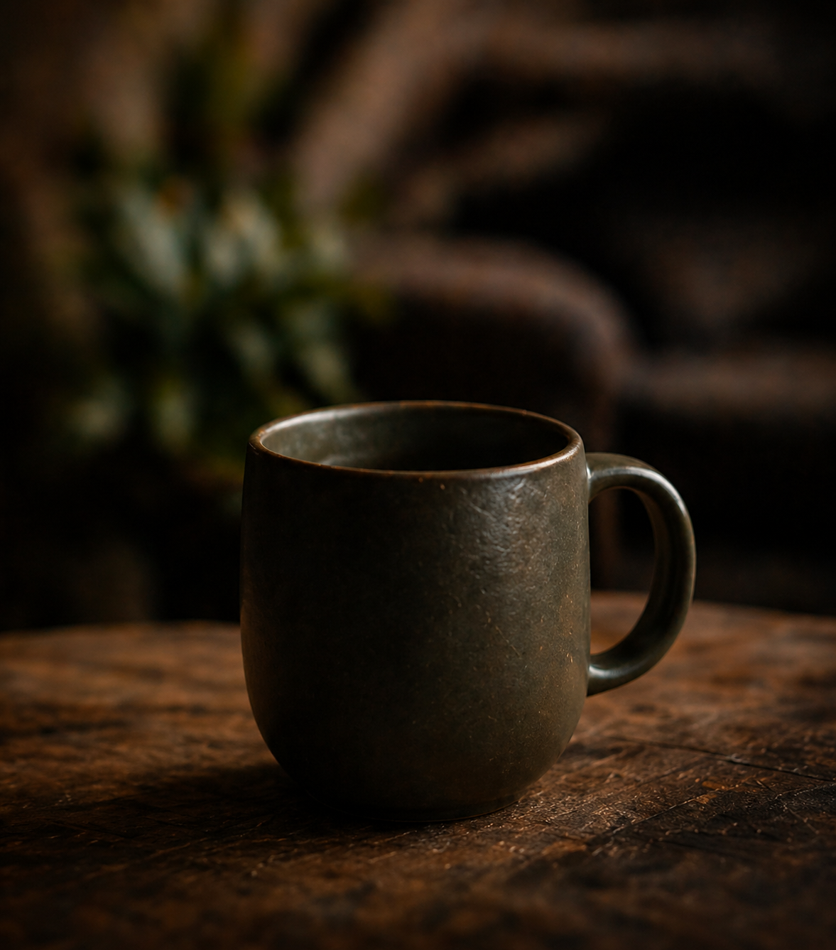 A dark ceramic mug filled with a hot beverage, placed on a wooden surface with a blurred background.