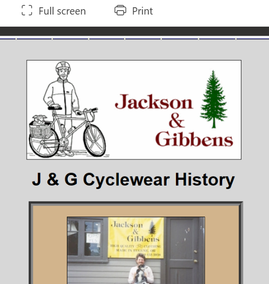 The image contains a logo with an illustration of a person standing next to a bicycle, wearing a helmet, and carrying a basket with supplies. The logo reads "Jackson & Gibbens" with a green tree next to the text. Below the logo, there is a heading that says "J & G Cyclewear History". There is also a photo of a person standing outside a building with a yellow sign that reads "Jackson & Gibbens" and some additional text.
