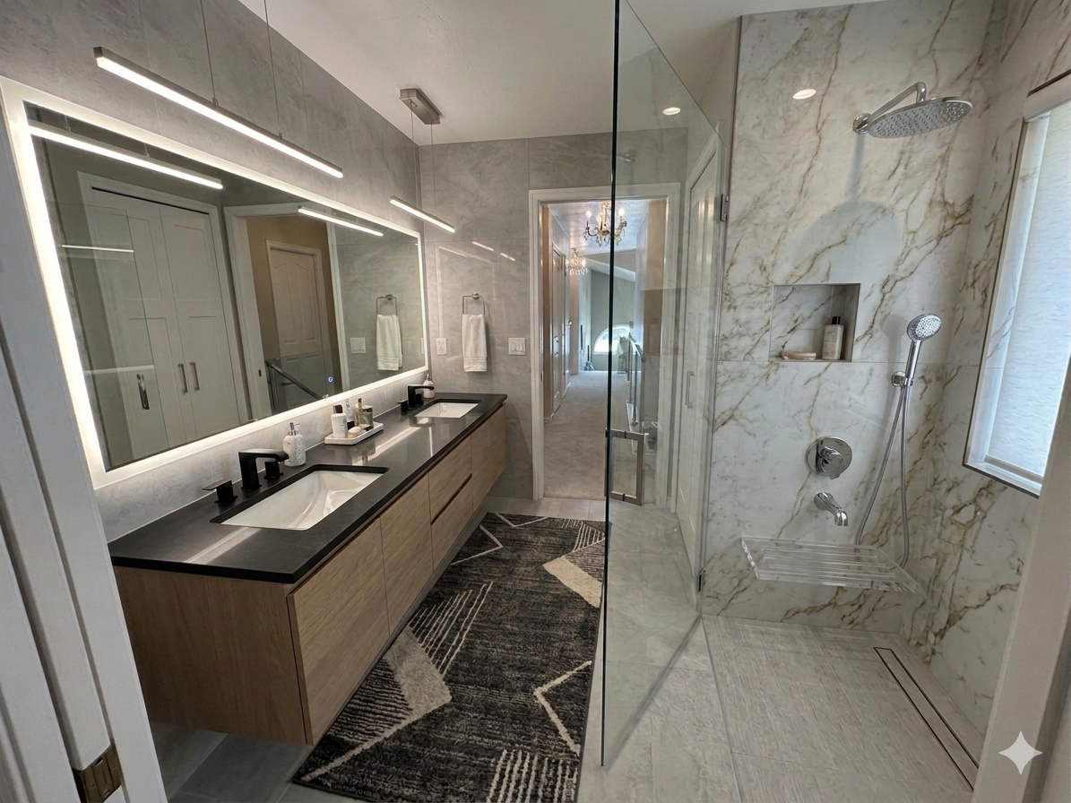 Modern bathroom with dual sinks, a large mirror, and a walk-in shower with marble walls and a rainfall showerhead.