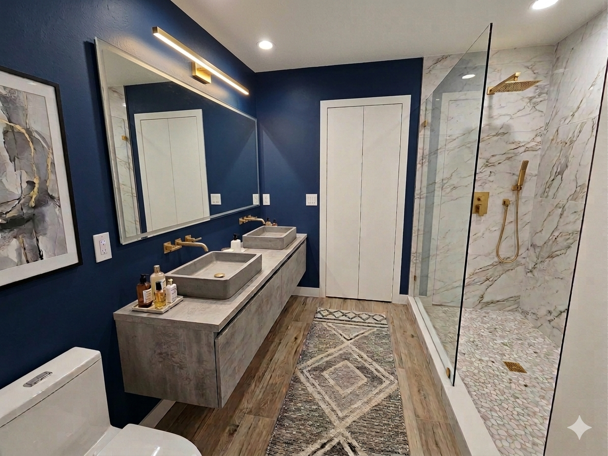 Modern bathroom with blue accent wall, double concrete vessel sinks with gold fixtures, large mirror, wooden vanity, patterned rug, artwork, and glass-enclosed walk-in shower with marble walls and gold fixtures.