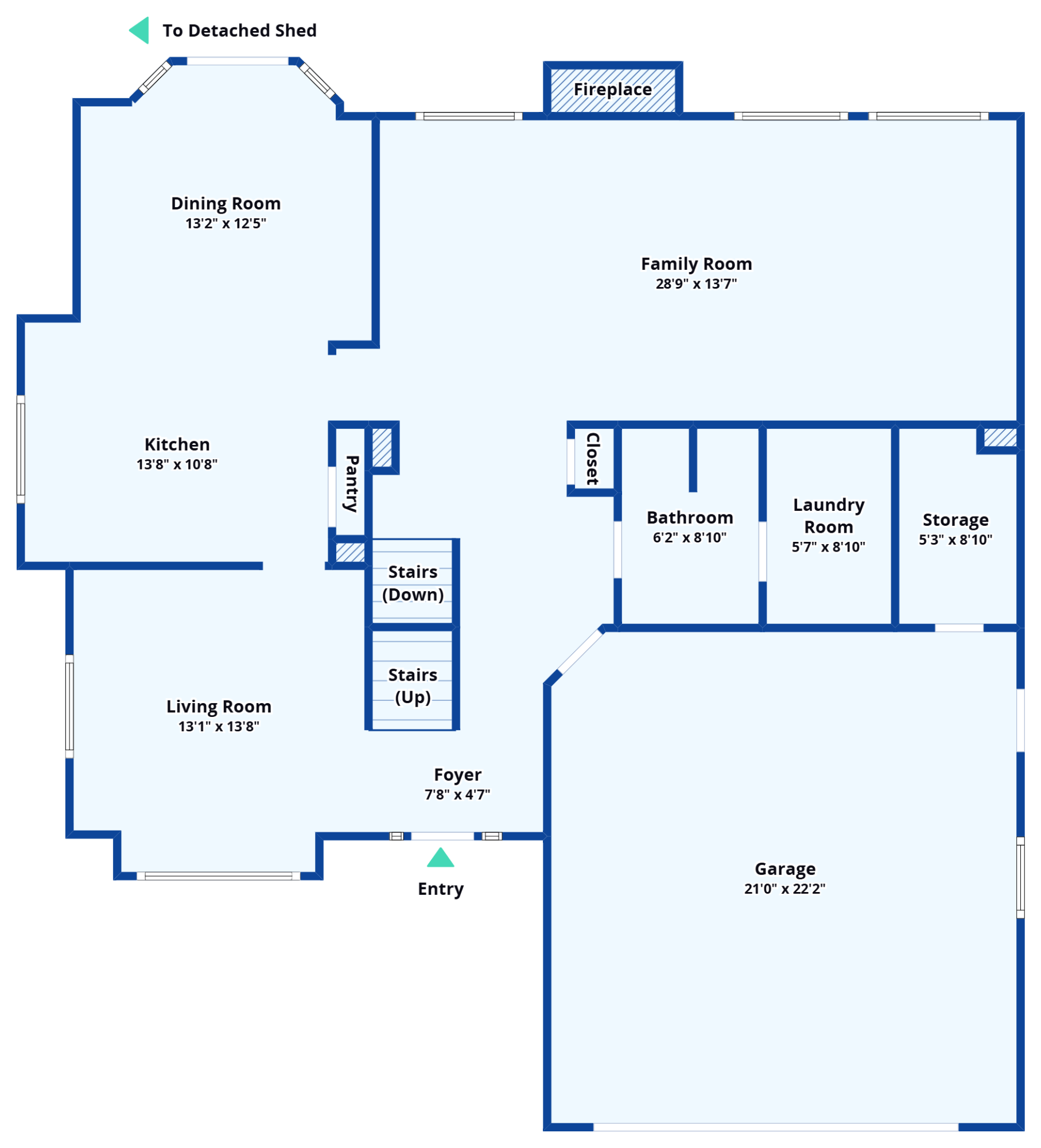 Floor plan of a house showing rooms including entry, foyer, living room, dining room, kitchen, pantry, stairs down and up, bathroom, laundry room, storage, garage, closet, and fireplace, with measurements for each room.