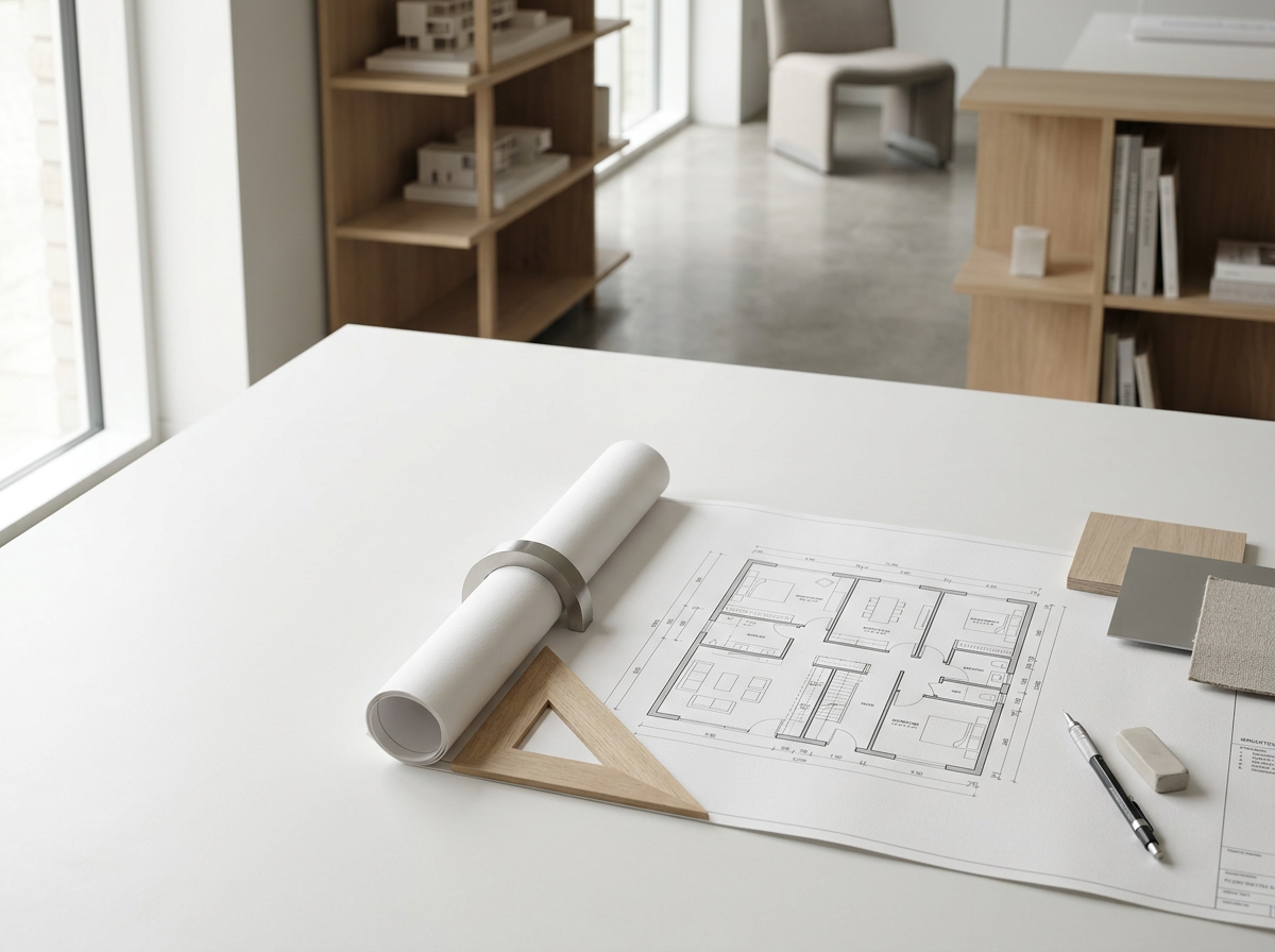 Architectural blueprint on a white table, with a rolled-up scroll, a triangle ruler, paint swatches, a pen, and an eraser nearby, in a modern, minimalist office space.