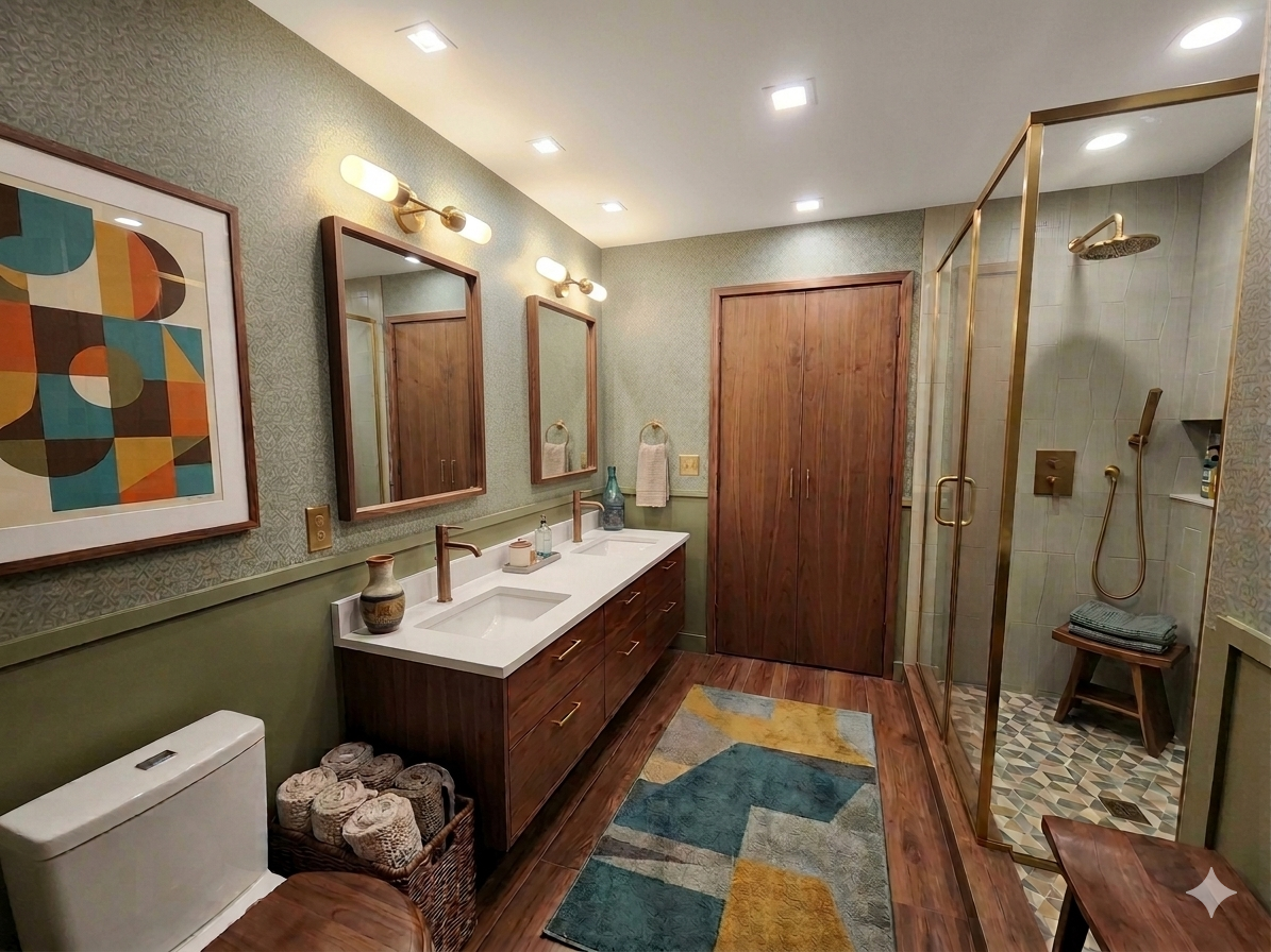 A modern bathroom with a dual-sink vanity, wood cabinets, two large mirrors, and framed colorful abstract art. Features a glass-enclosed shower with wood and tile accents, a towel bar, and a small wooden stool. There is a decorative rug and a basket 