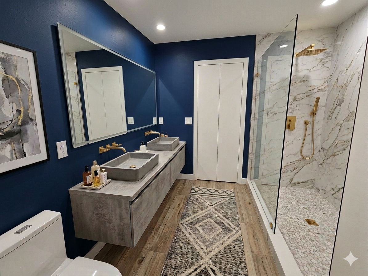 Modern bathroom with dark blue wall, double concrete sinks with gold fixtures, large mirror, marble and gold shower with glass partition, wooden flooring, and abstract wall art.