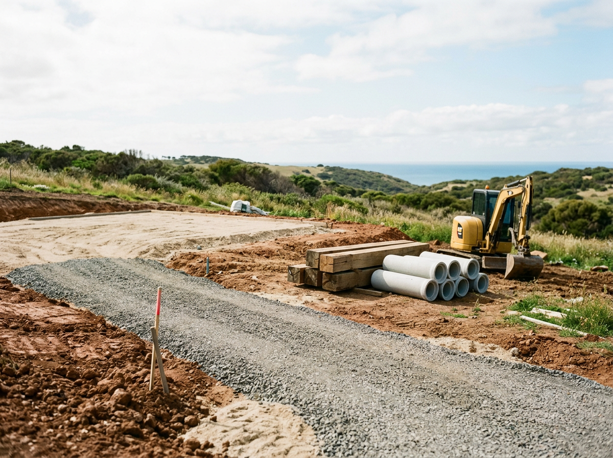 Construction site with a small excavator, pipes, and gravel in a rural landscape with hills and a cloudy sky.