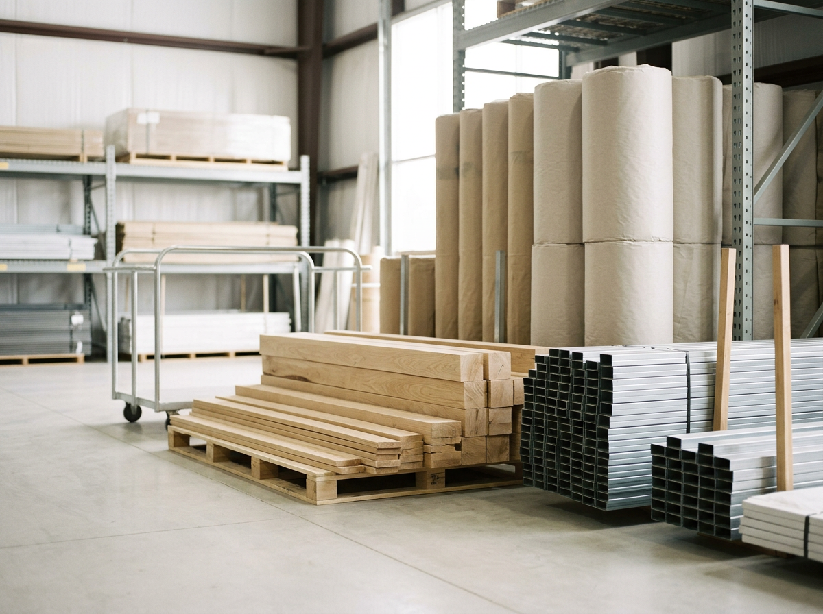 Wooden planks, metal pipes, and rolled insulation stored on metal shelves in a warehouse.