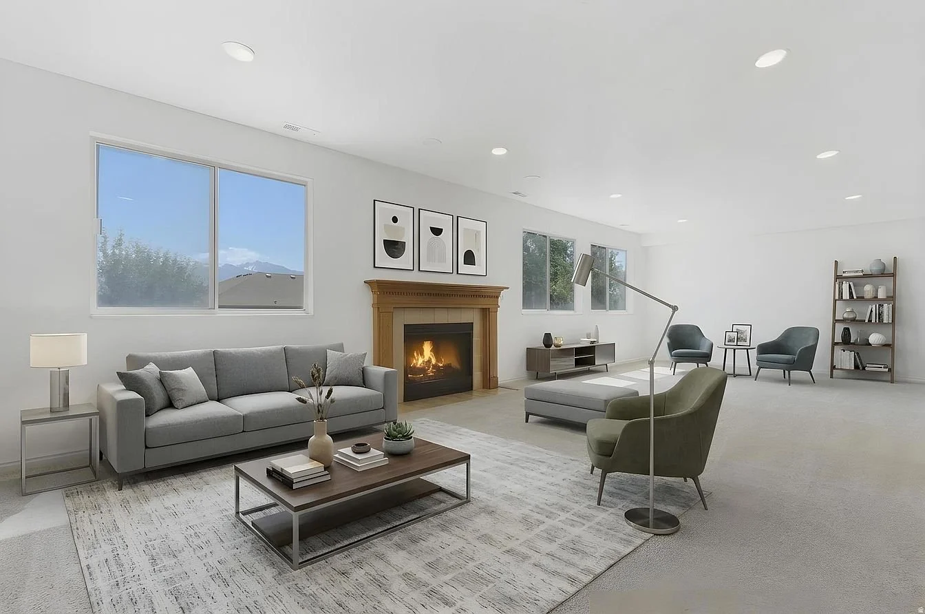 Living room with gray sofa, green armchair, and fireplace, bright with large windows and modern decor.