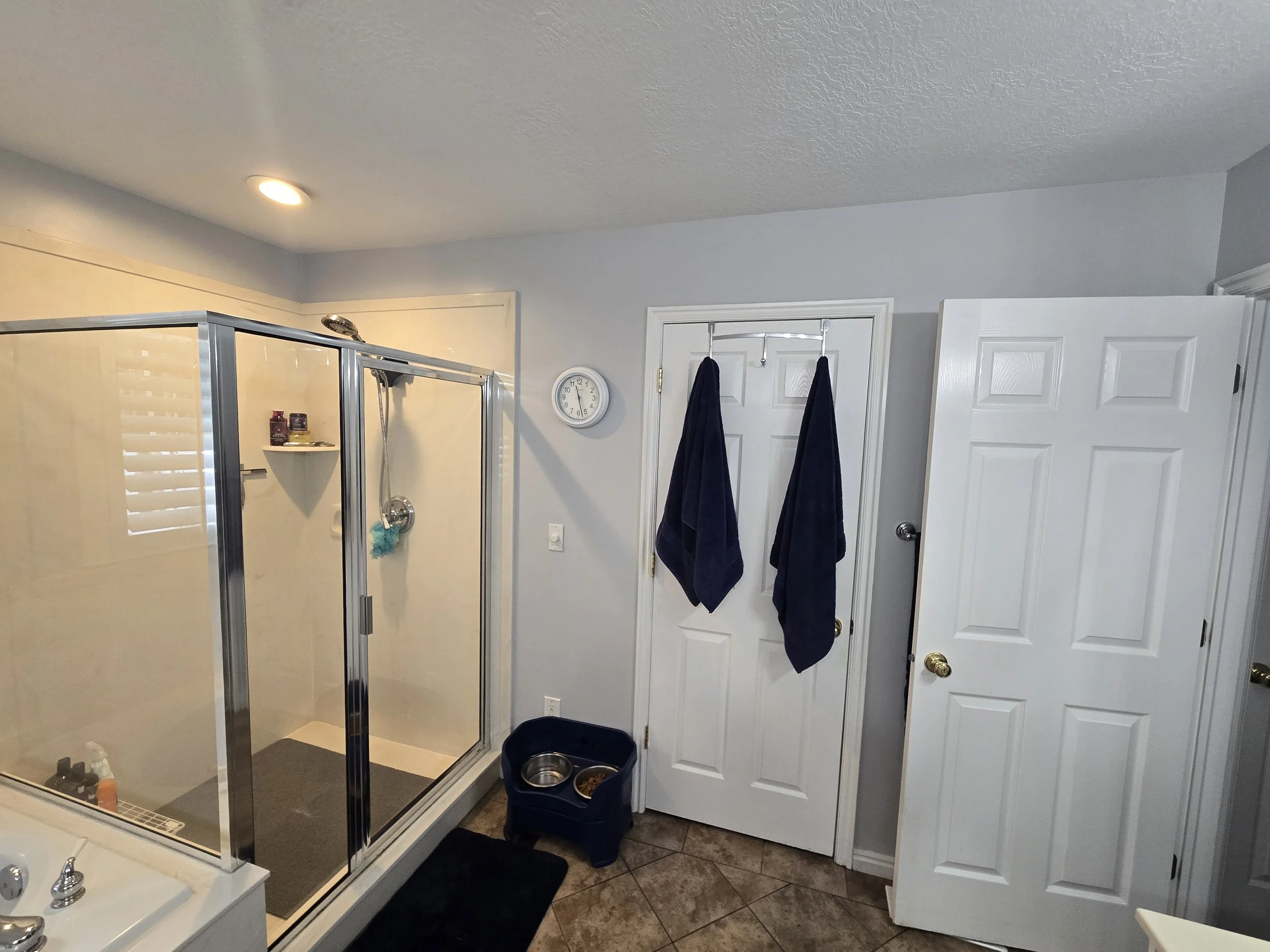 A bathroom with a shower stall, a wall clock, two towels hanging on hooks, a partially open closet door, a pet food and water bowl, and a black rug on a tiled floor.