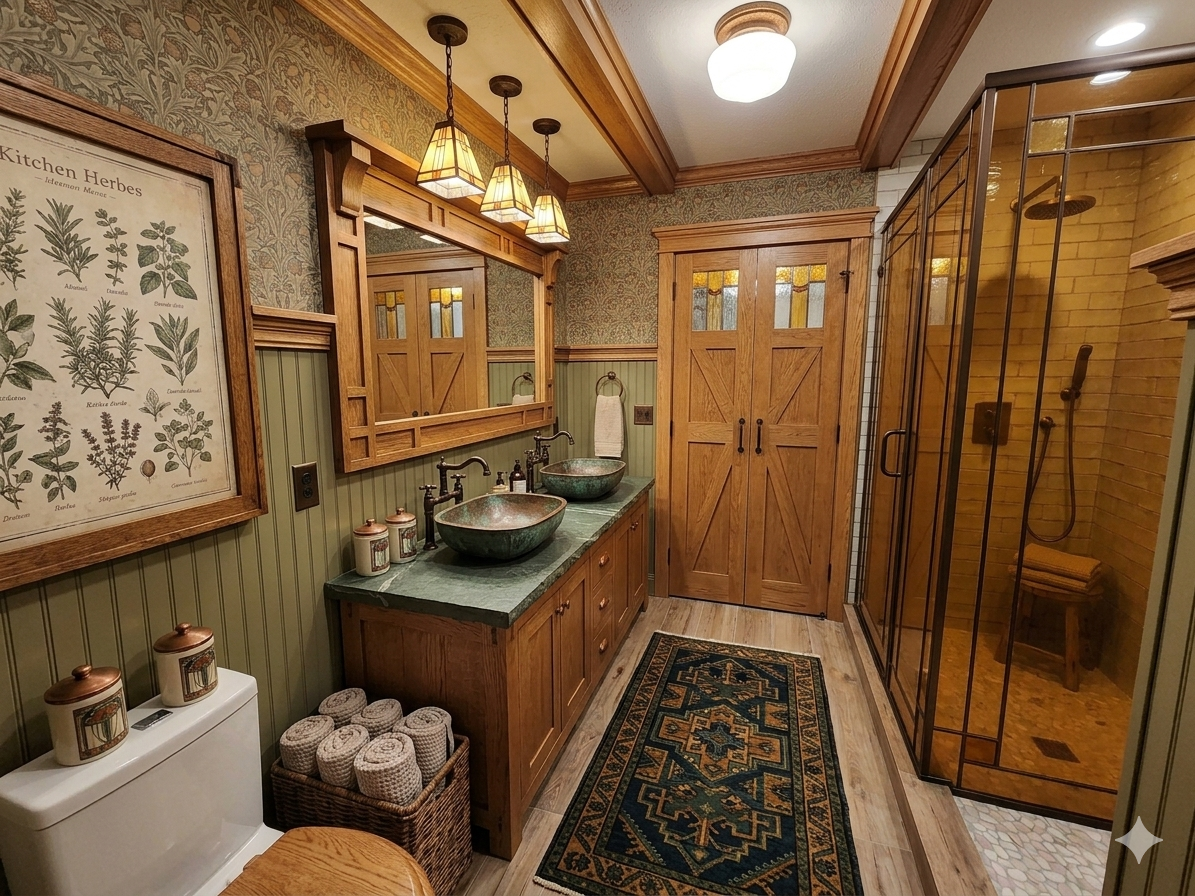 A vintage-style bathroom with wooden accents, a dual sink vanity with vessel sinks, a framed botanical print, a patterned rug, a glass shower enclosure, and warm lighting.
