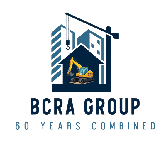Illustration of a construction site with a yellow excavator inside a building, and the text 'BCRA Group 60 Years Combined' below.