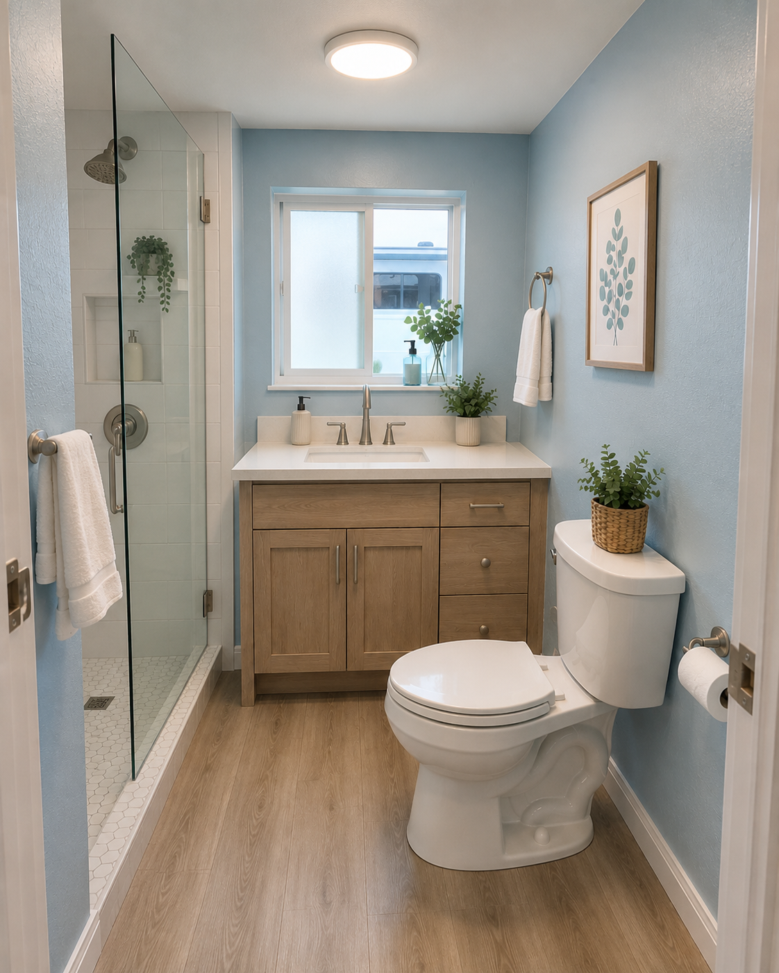 A small modern bathroom with a walk-in shower, a wooden vanity with a white countertop, a window above the sink, and a toilet with a potted plant on top.