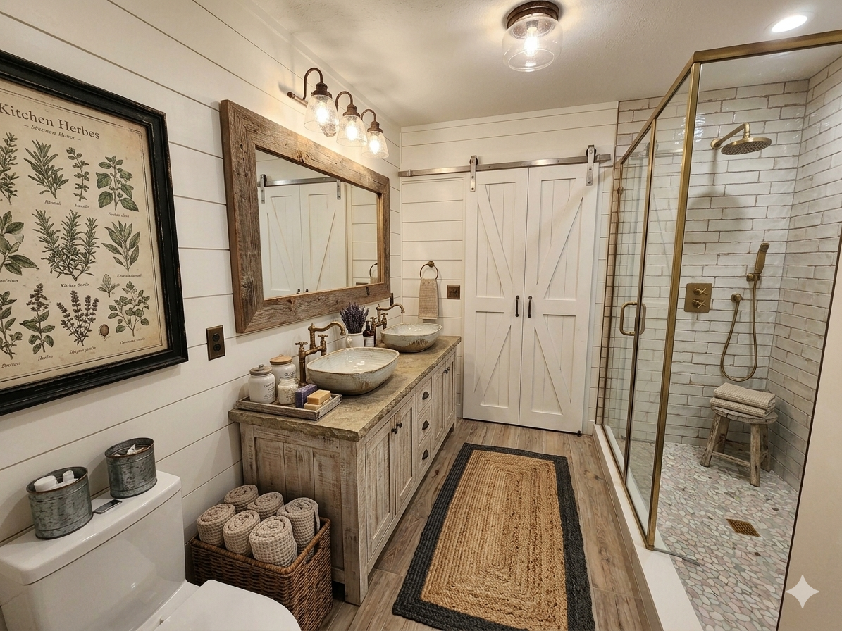 Bathroom with double vanity, rustic wooden mirror, framed botanical print, walk-in shower with glass door, and wood flooring.