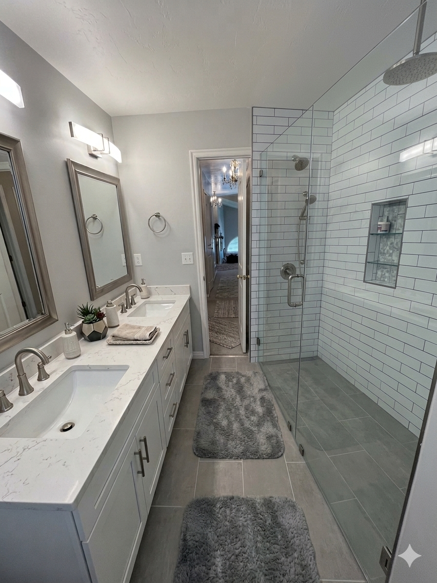 A modern bathroom with two sinks and large mirrors above a white vanity with marble countertop, two grey bath mats on the grey tile floor, and a glass-enclosed shower with white subway tiles and built-in shelf.
