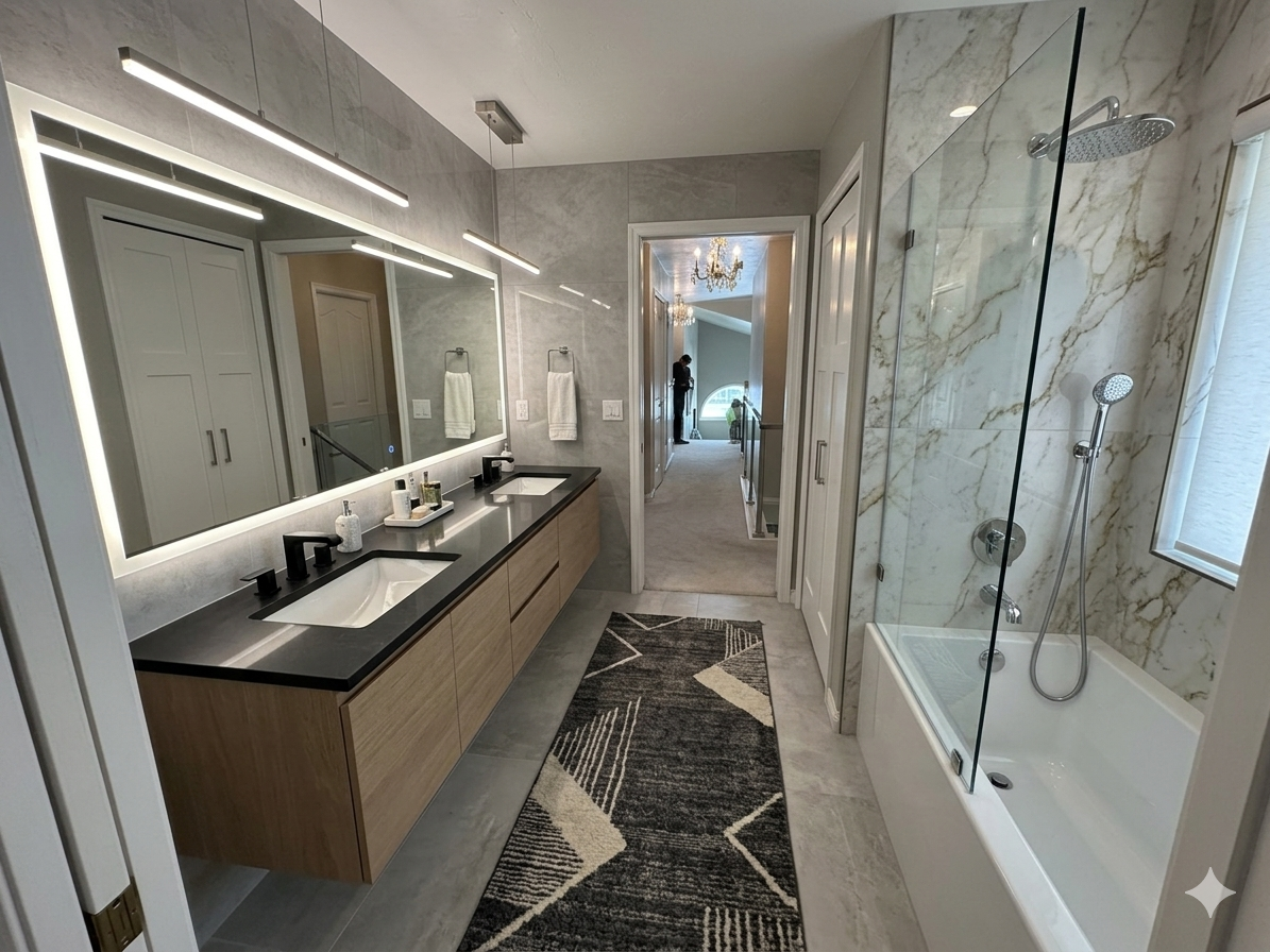 Modern bathroom with twin sinks, large mirror with LED strip lights, a glass-enclosed shower with marble walls, and a patterned rug on the floor.