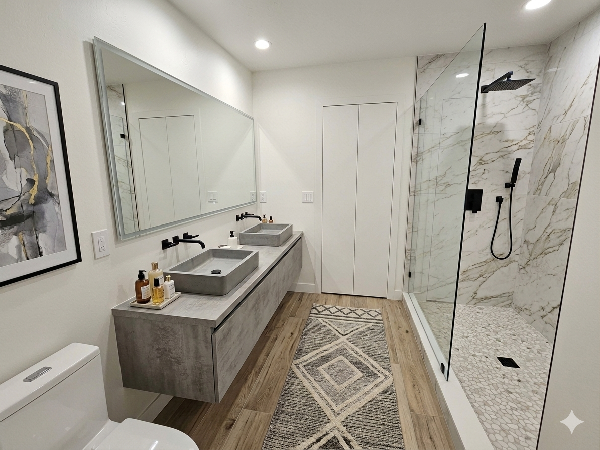 Modern bathroom with a double vanity, large mirror, abstract artwork, and a walk-in shower with marble walls and pebble floor.