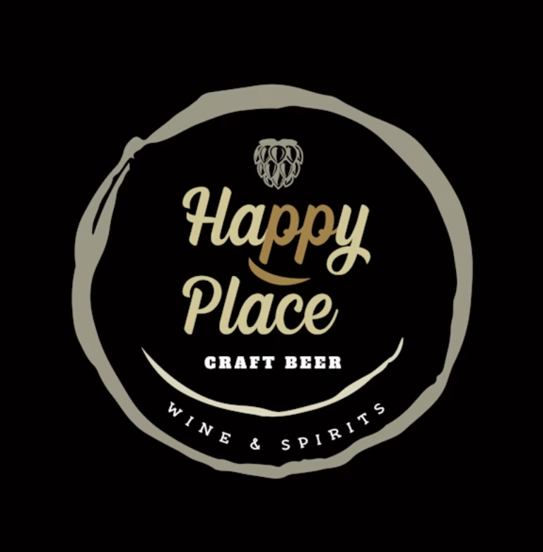 Logo for Happy Place Craft Beer, featuring a hop cone at the top and text indicating wine and spirits.