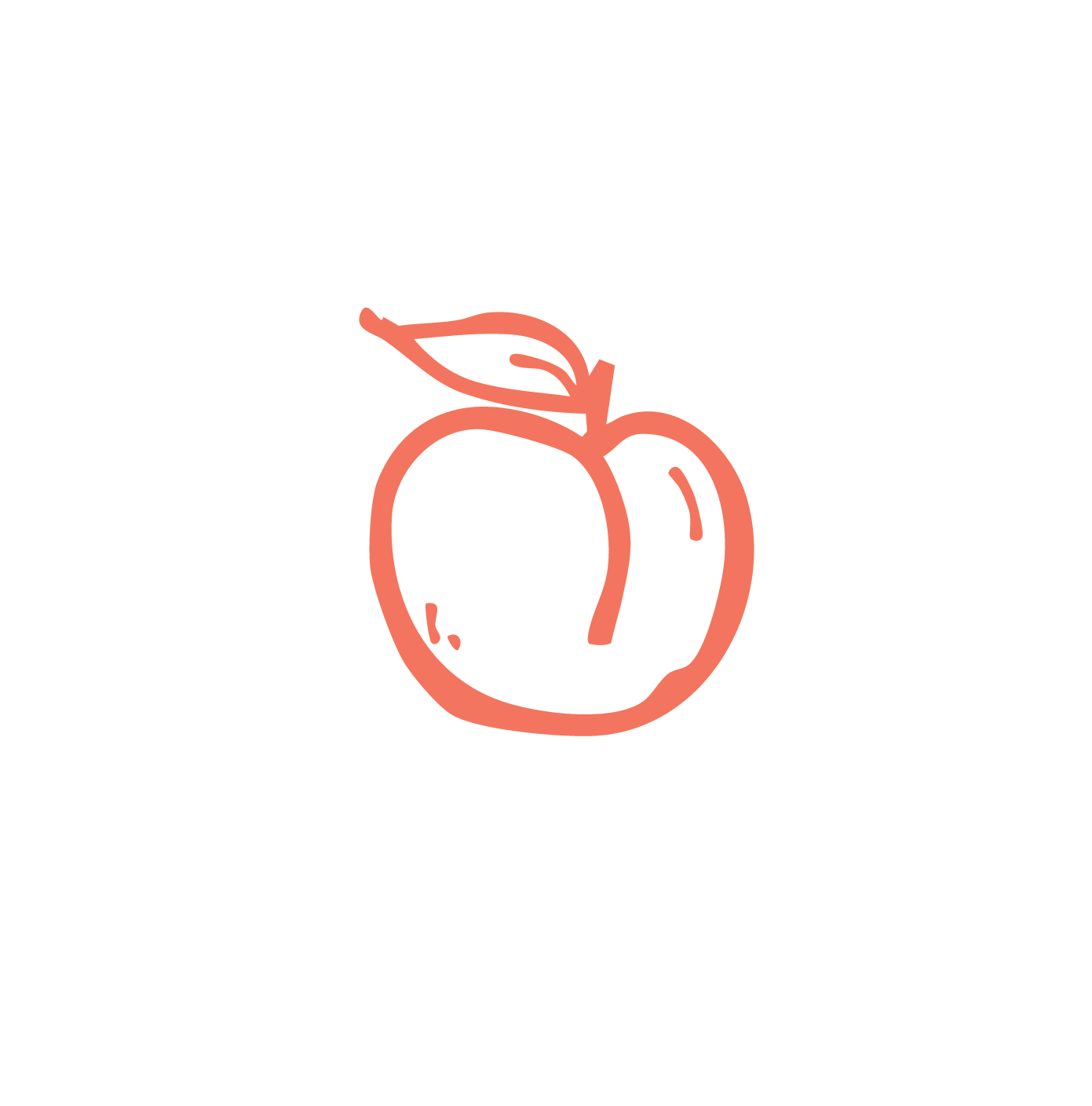 Simple line drawing of a peach with a leaf on top, colored in light orange, set against a background with irregular black and white shapes.