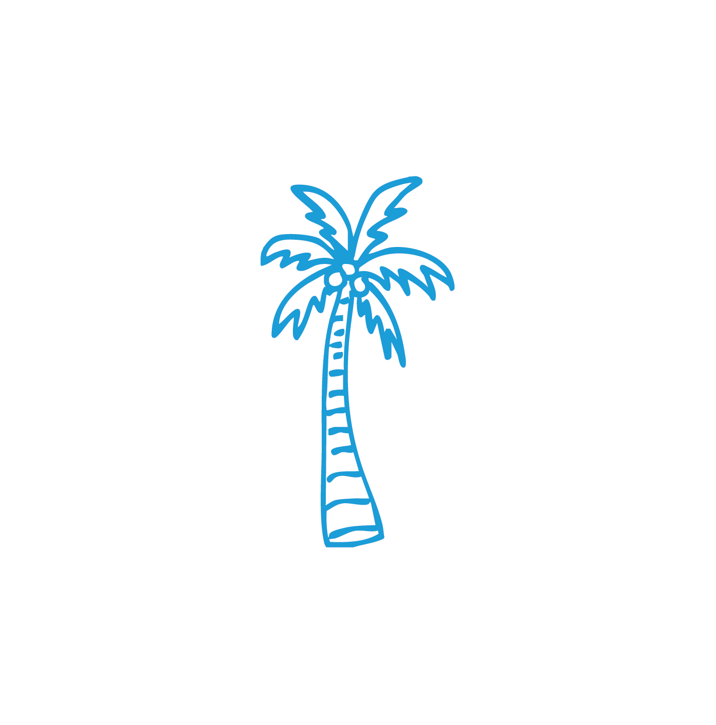 Blue line drawing of a palm tree with fronds, inside a white irregular cloud shape.