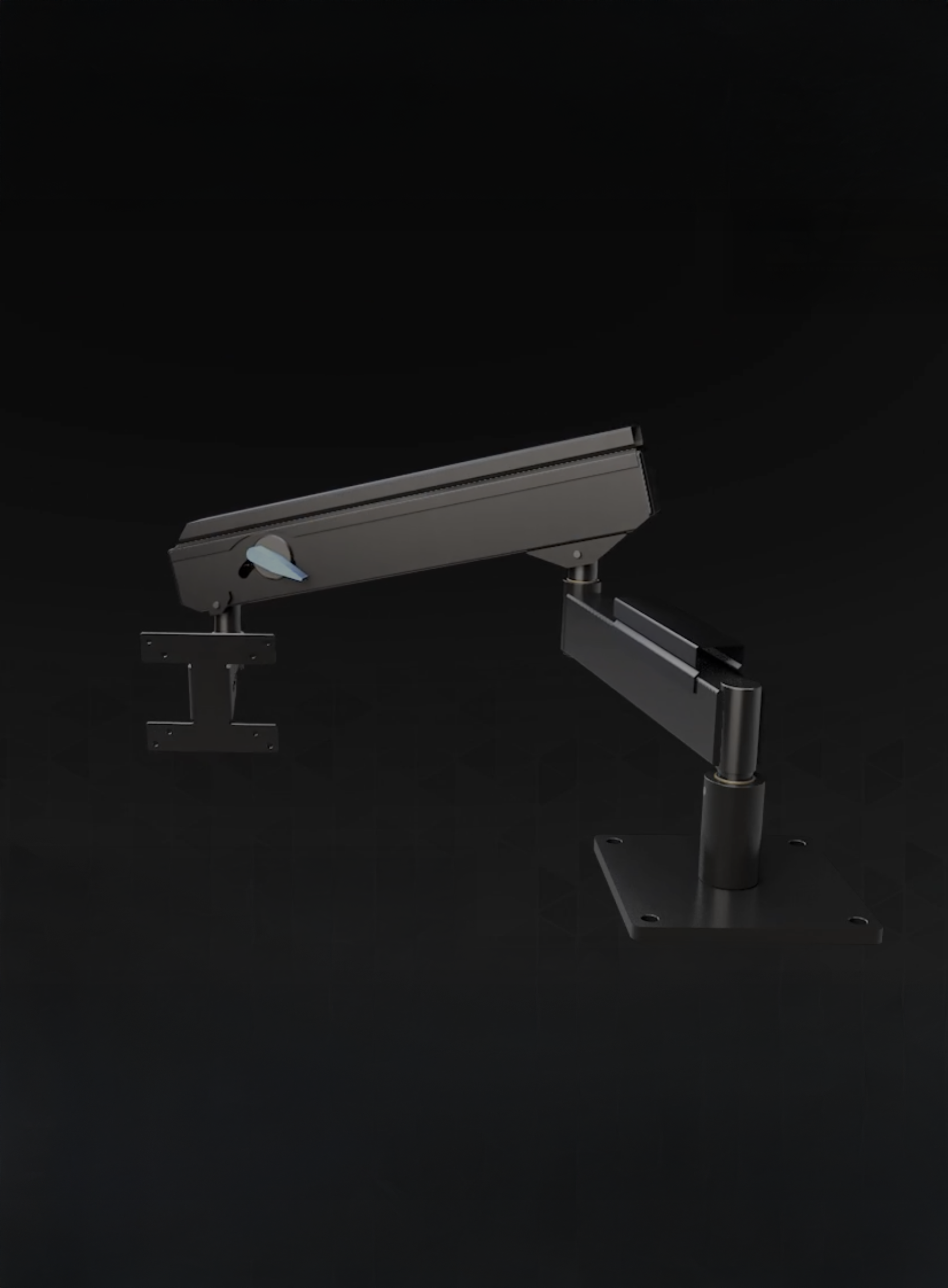 A metal adjustable overhead monitor arm mounted on a black background.