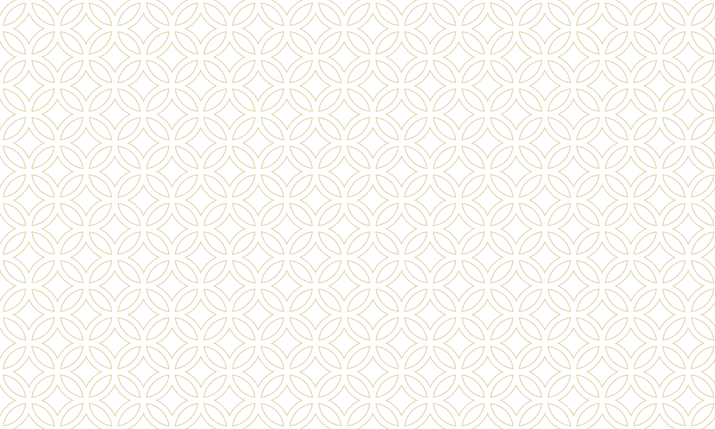 A white background with a gold geometric pattern consisting of interconnected circles and diamond shapes.
