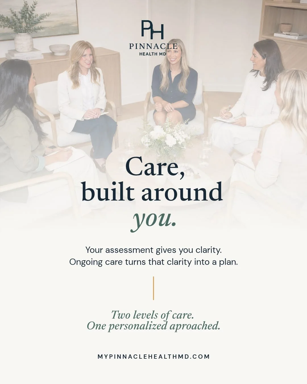 Ongoing care, built around you.

Your initial assessment provides clarity and direction. For those who want to go deeper, Pinnacle Health MD offers two levels of ongoing physician-led care: each designed around your health, your life, and the level o