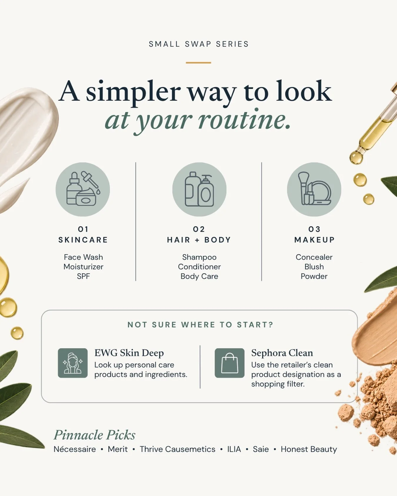 Small Swaps: Personal Care 🧴

We think a lot about what goes in our bodies but it can also be worth taking a closer look at the products we use on them every day.

For this part of our Small Swaps Series, start with the products already in your rout