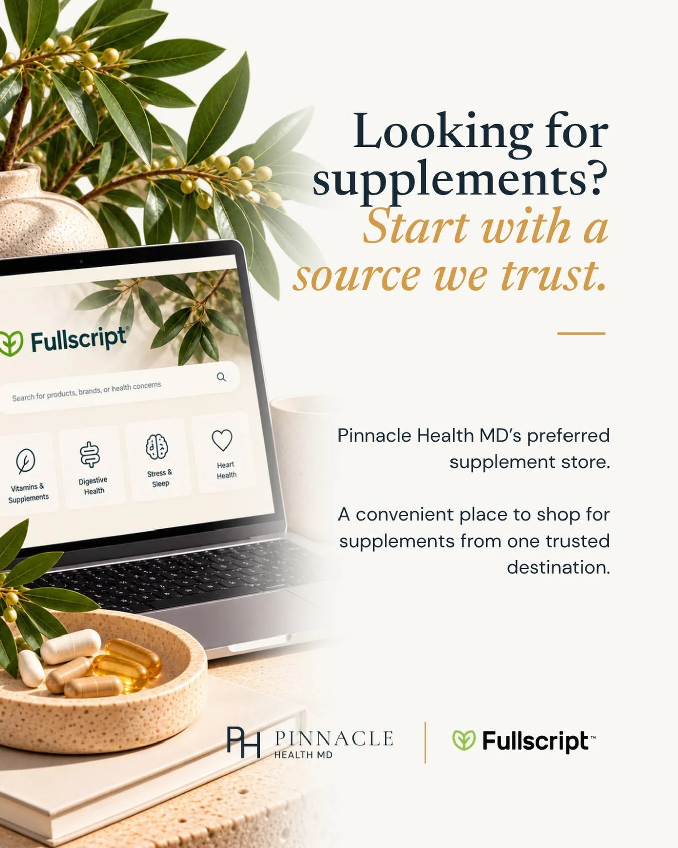 We&rsquo;re excited to introduce Fullscript, Pinnacle Health MD&rsquo;s preferred supplement store!

Fullscript makes it easier to shop for professional-grade supplements from trusted brands, all in one convenient online platform.

✨ Why Fullscript?
