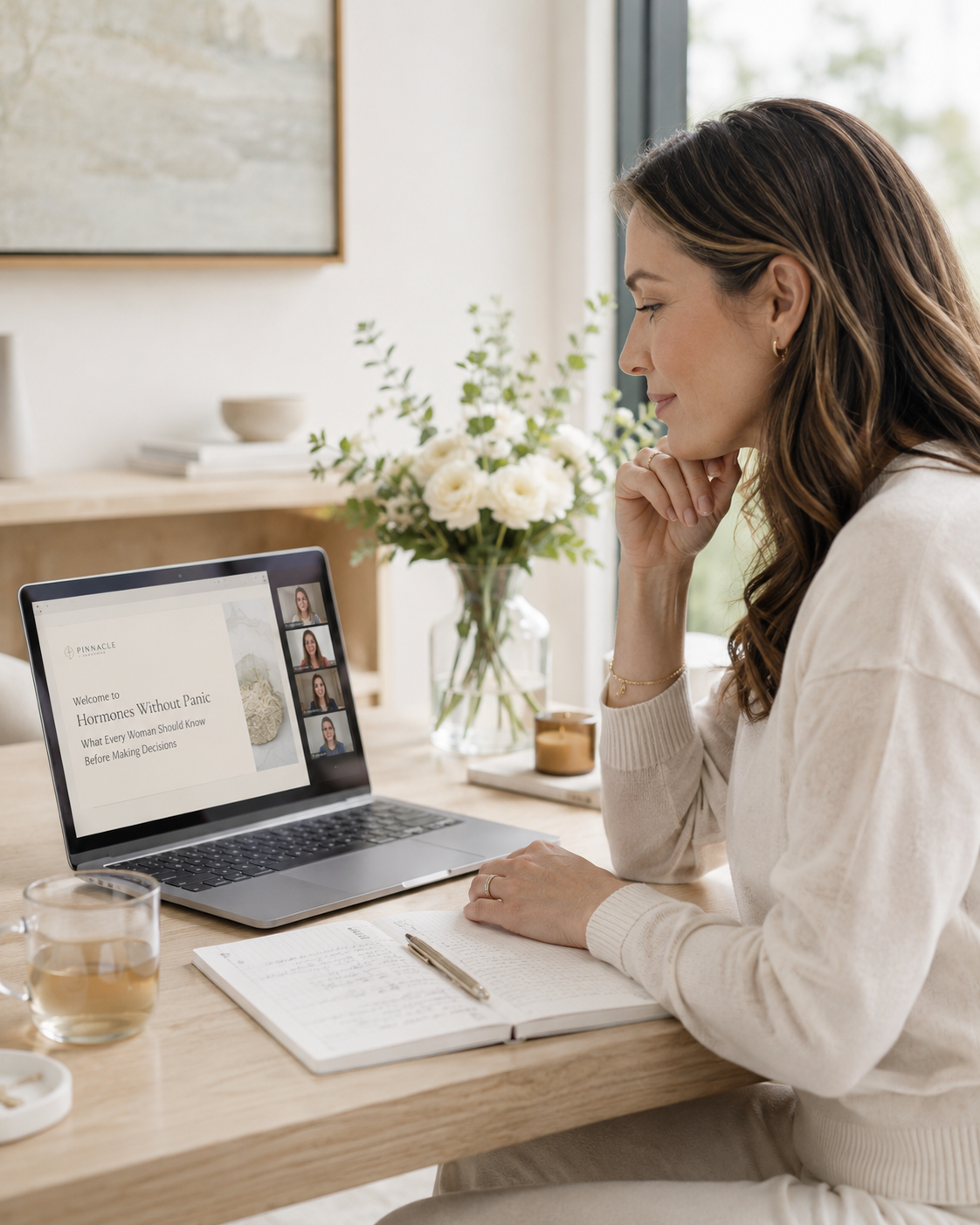 A woman participating in a virtual meeting on her laptop, with a botanic background and a notebook, pen, and glass of tea on the table.