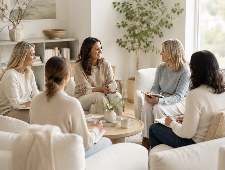 Five women having a discussion in a cozy living room with natural light, white furniture, and a large potted plant, with books and decor on shelves behind them.