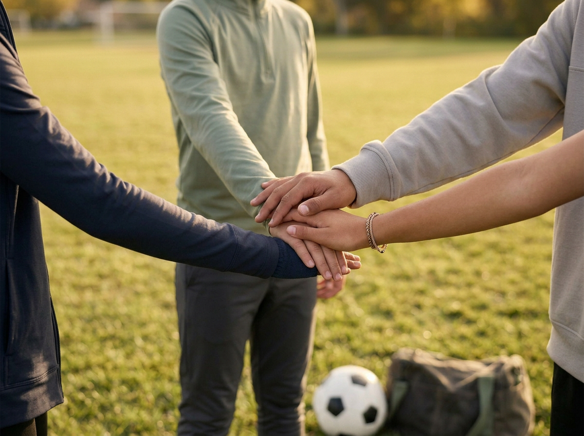 Three people placing their hands together in a team huddle on a grassy field with a soccer ball nearby.