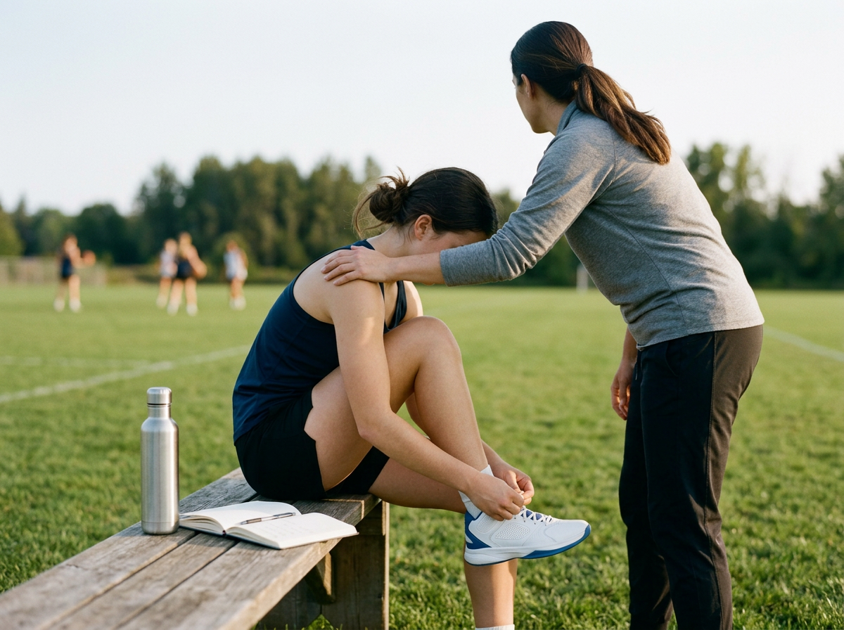 A female athlete sits on a bench, tying her shoe, while a woman coach helps her by holding her shoulder on a sports field. In the background, other athletes are practicing.