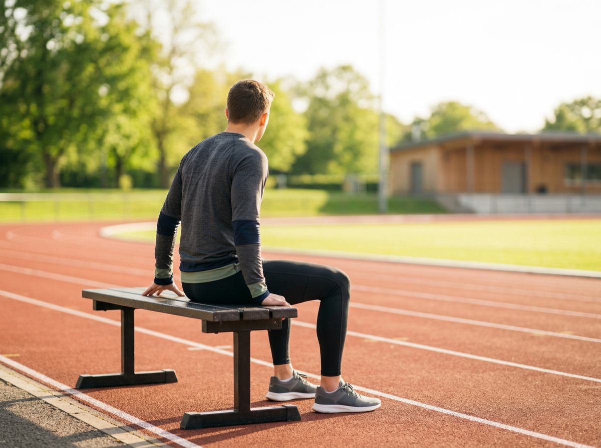 A young man sitting on a bench at a running track, looking into the distance, in a park on a sunny day.