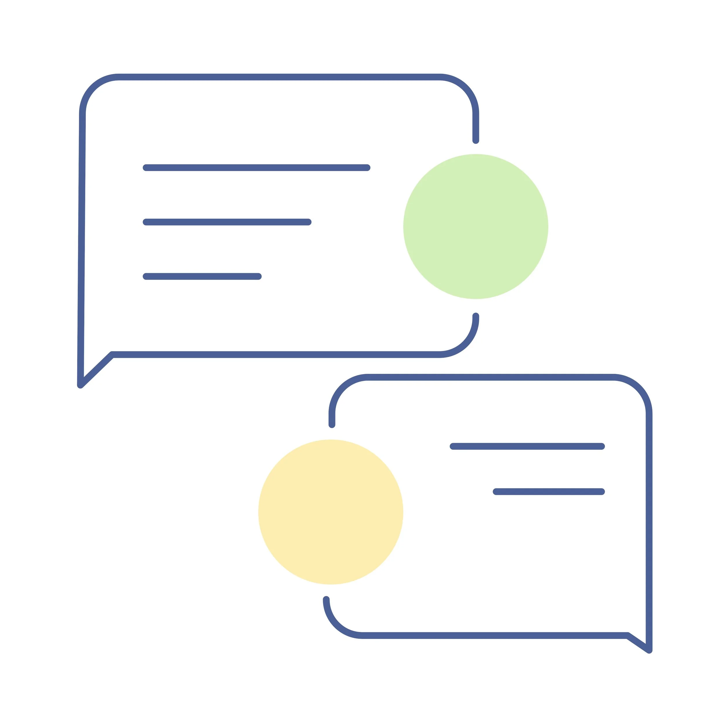 Abstract illustration of interconnected speech bubbles and circles in pastel colors, with lines suggesting communication or conversation.