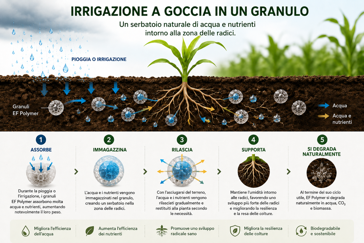 Schema del funzionamento di EF Polymer che mostra l'assorbimento, l'immagazzinamento e il rilascio graduale di acqua e nutrienti nella zona radicale, con supporto allo sviluppo delle radici e biodegradazione naturale nel terreno.